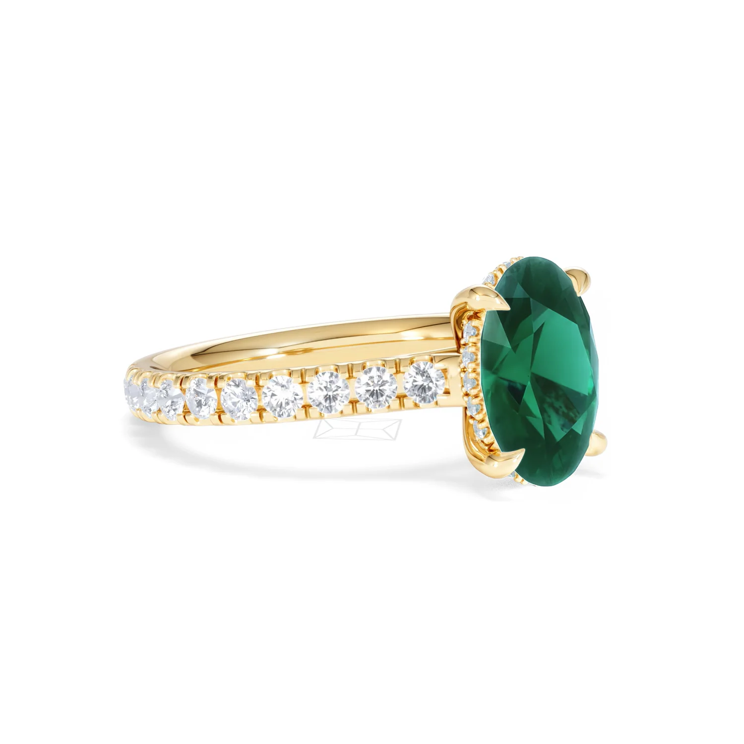 Amora 2.00ct Oval Cut Lab Emerald Hidden Halo Engagement Ring with Side Stones in 18K Yellow Gold - Image 17
