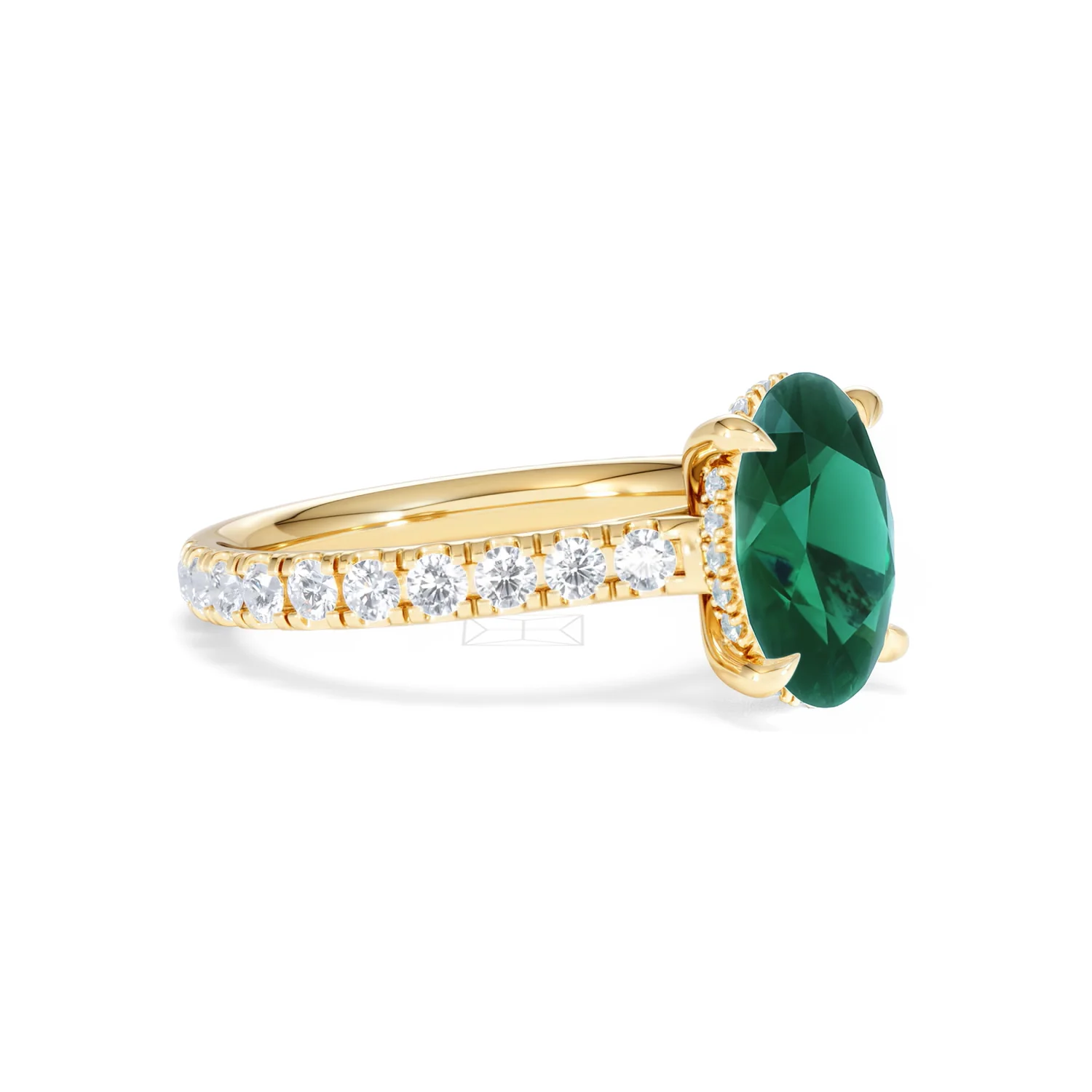 Amora 2.00ct Oval Cut Lab Emerald Hidden Halo Engagement Ring with Side Stones in 18K Yellow Gold - Image 18