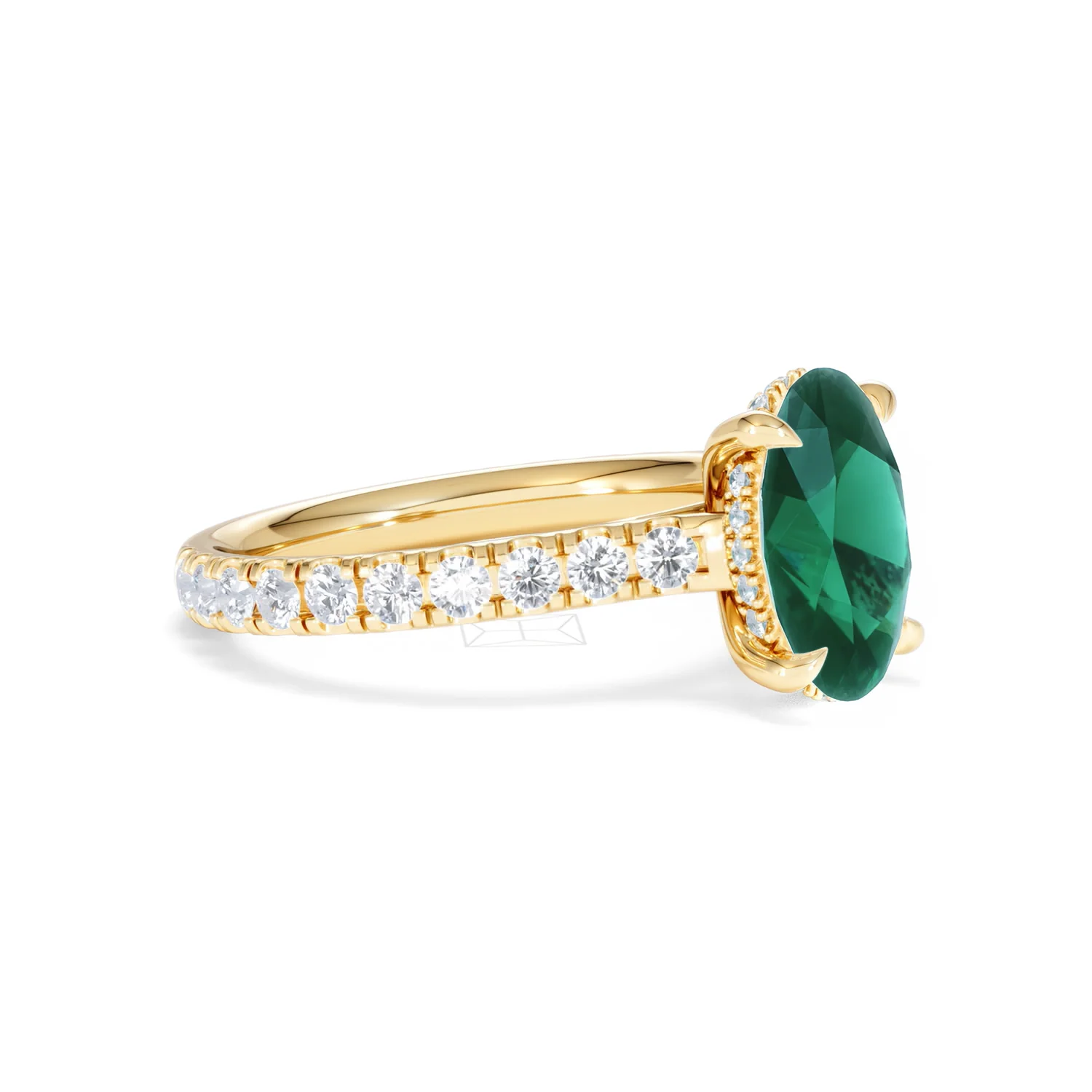 Amora 2.00ct Oval Cut Lab Emerald Hidden Halo Engagement Ring with Side Stones in 18K Yellow Gold - Image 19