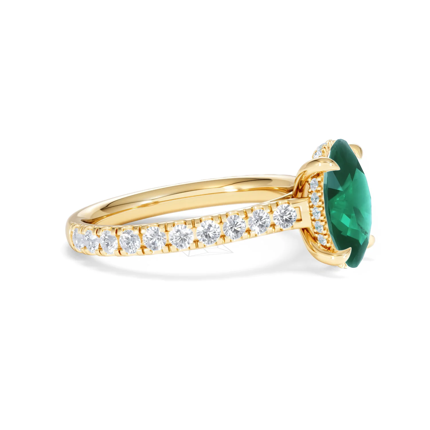 Amora 2.00ct Oval Cut Lab Emerald Hidden Halo Engagement Ring with Side Stones in 18K Yellow Gold - Image 22