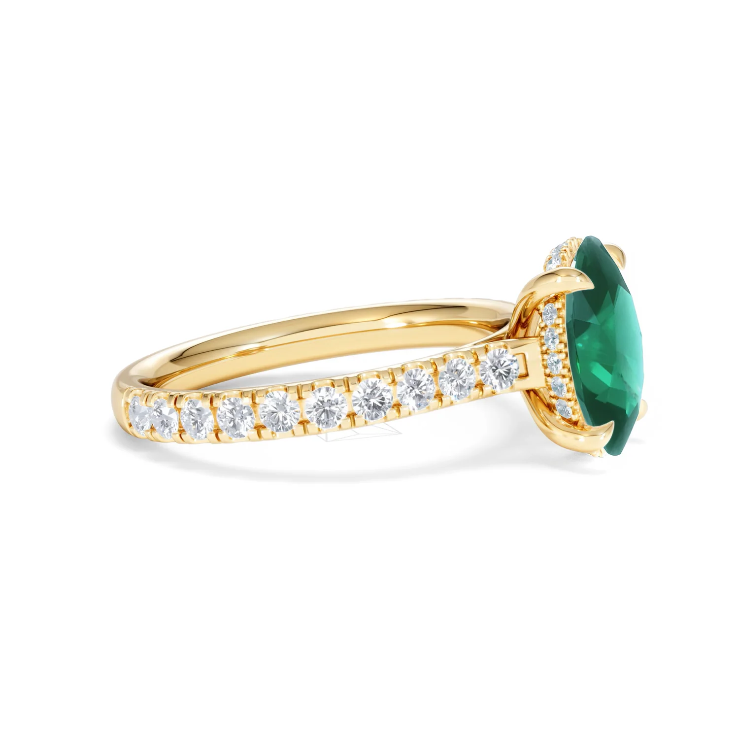 Amora 2.00ct Oval Cut Lab Emerald Hidden Halo Engagement Ring with Side Stones in 18K Yellow Gold - Image 23