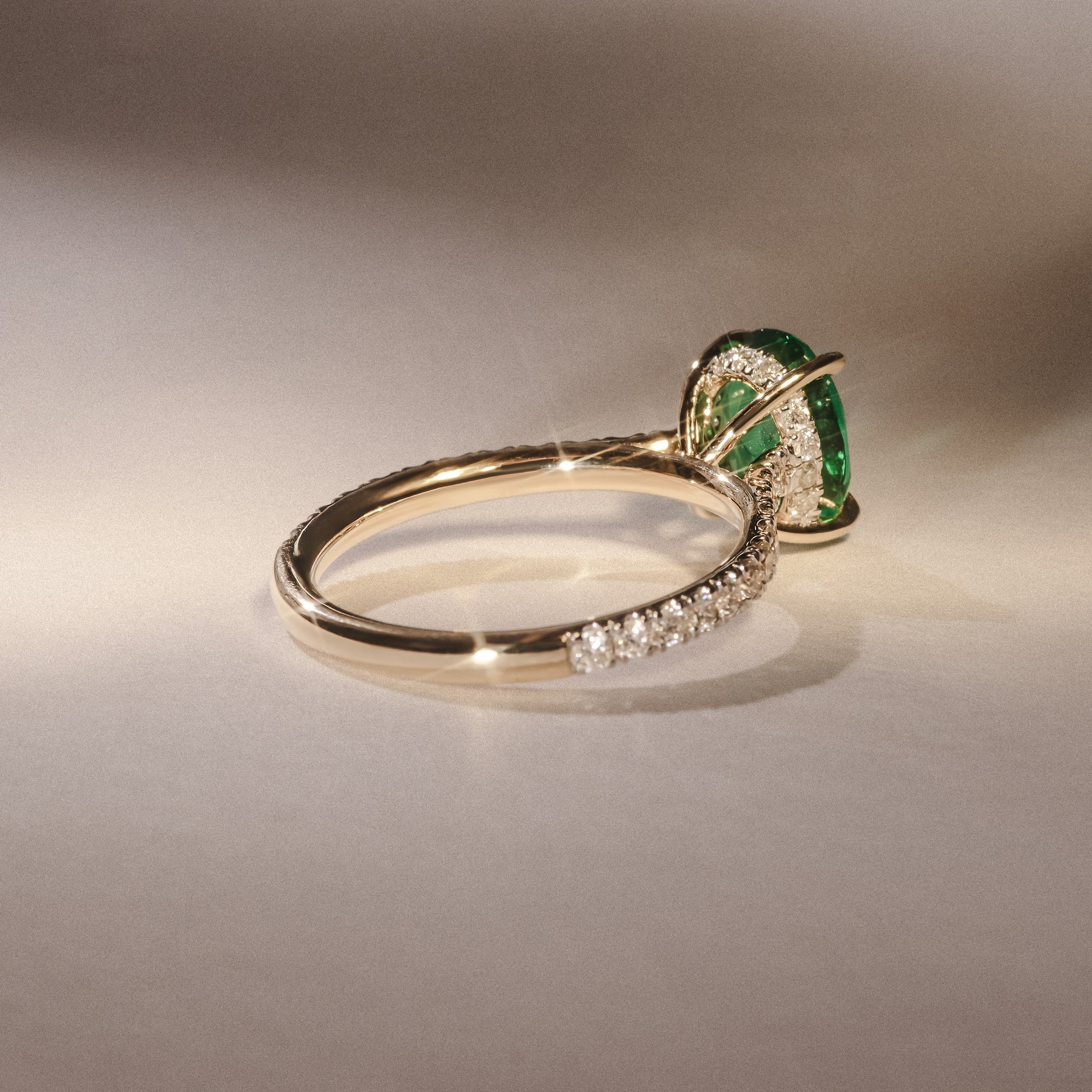 Amora 2.00ct Oval Cut Lab Emerald Hidden Halo Engagement Ring with Side Stones in 18K Yellow Gold - Image 6