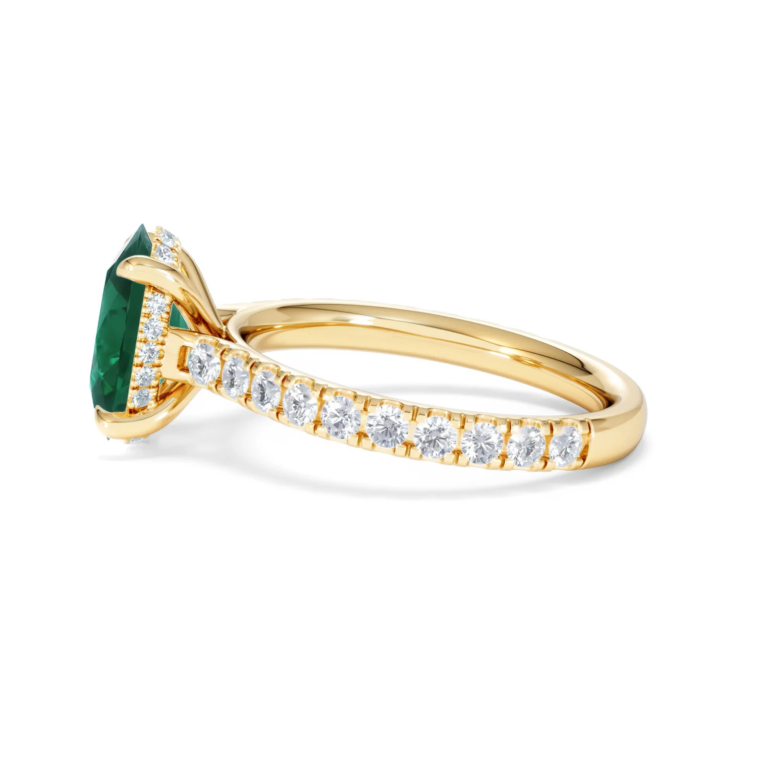 Amora 2.00ct Oval Cut Lab Emerald Hidden Halo Engagement Ring with Side Stones in 18K Yellow Gold - Image 68
