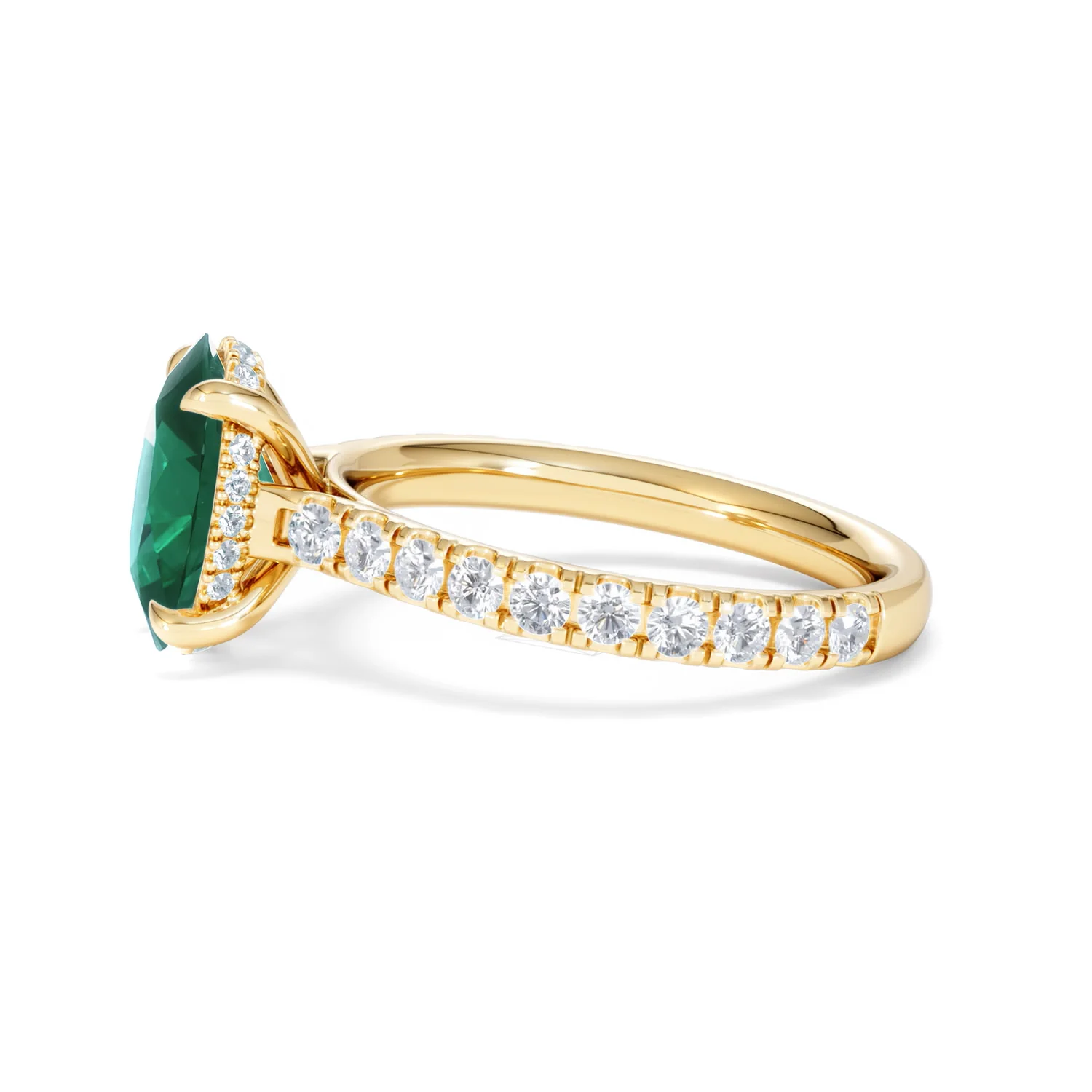 Amora 2.00ct Oval Cut Lab Emerald Hidden Halo Engagement Ring with Side Stones in 18K Yellow Gold - Image 70