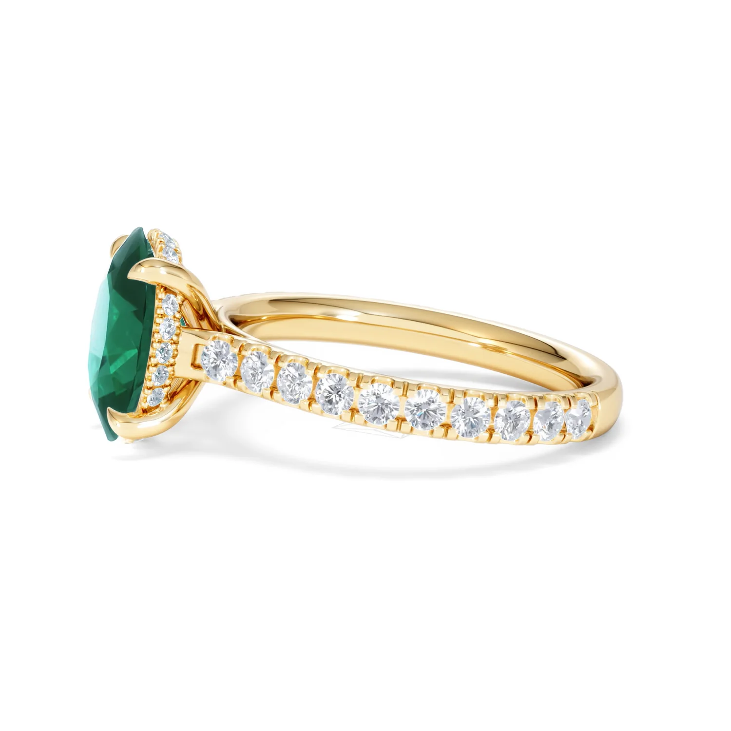 Amora 2.00ct Oval Cut Lab Emerald Hidden Halo Engagement Ring with Side Stones in 18K Yellow Gold - Image 71