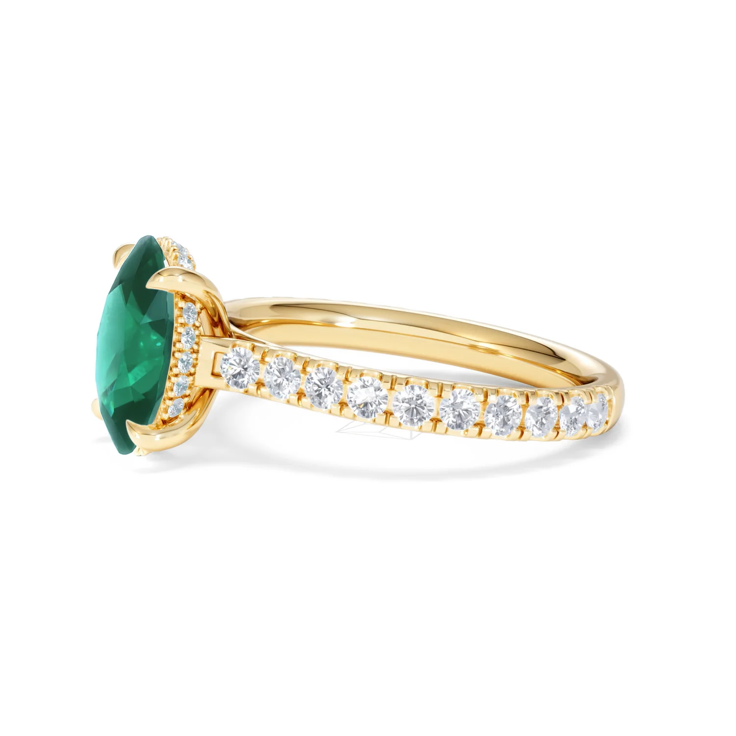 Amora 2.00ct Oval Cut Lab Emerald Hidden Halo Engagement Ring with Side Stones in 18K Yellow Gold - Image 73