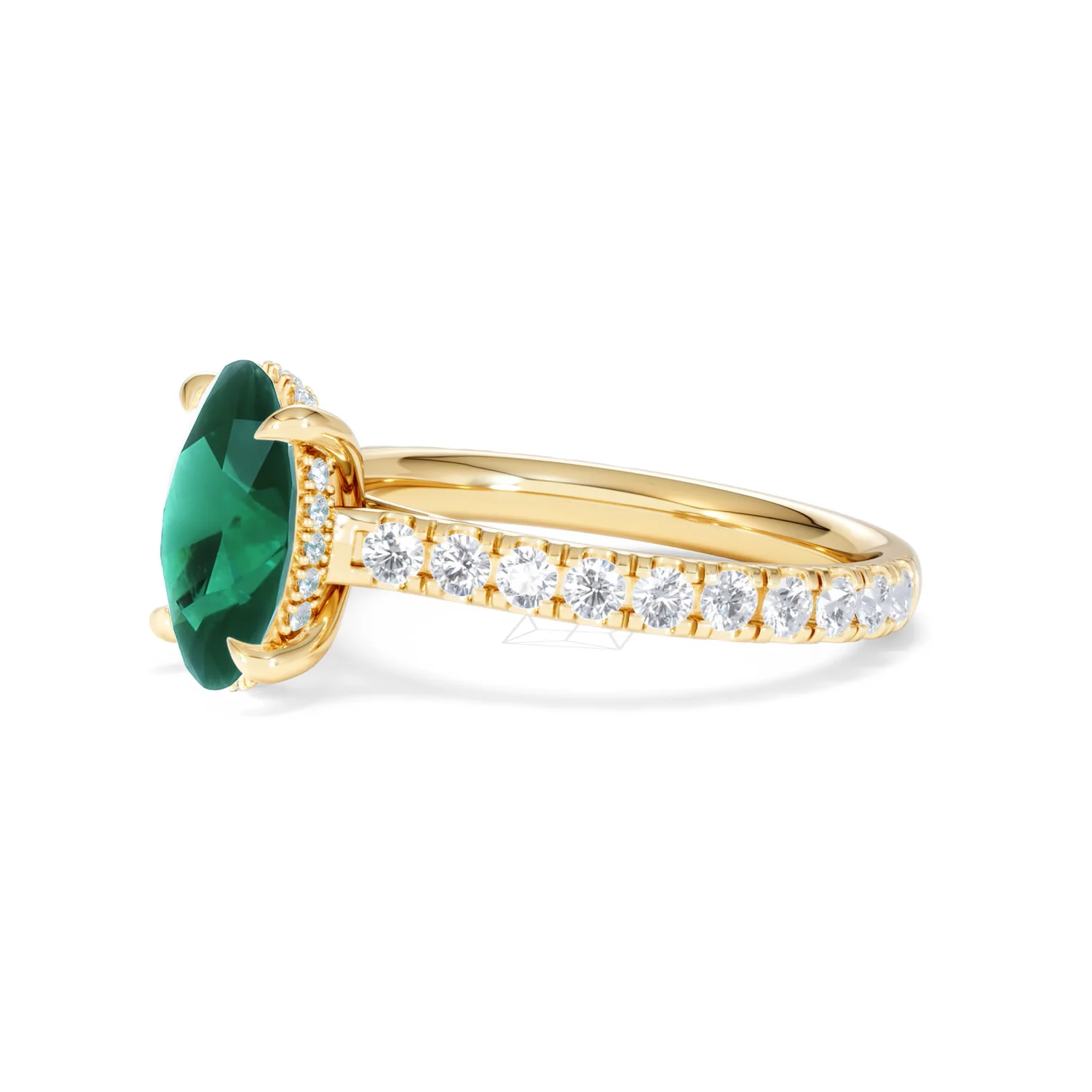 Amora 2.00ct Oval Cut Lab Emerald Hidden Halo Engagement Ring with Side Stones in 18K Yellow Gold - Image 75