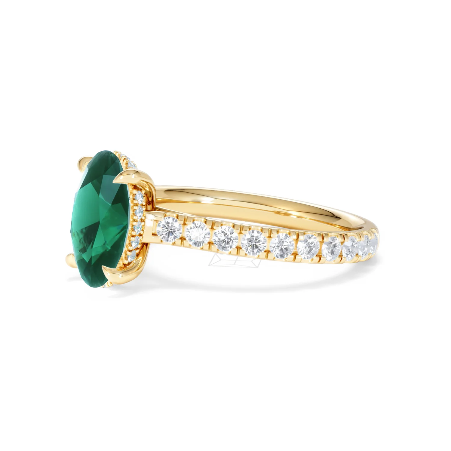 Amora 2.00ct Oval Cut Lab Emerald Hidden Halo Engagement Ring with Side Stones in 18K Yellow Gold - Image 76