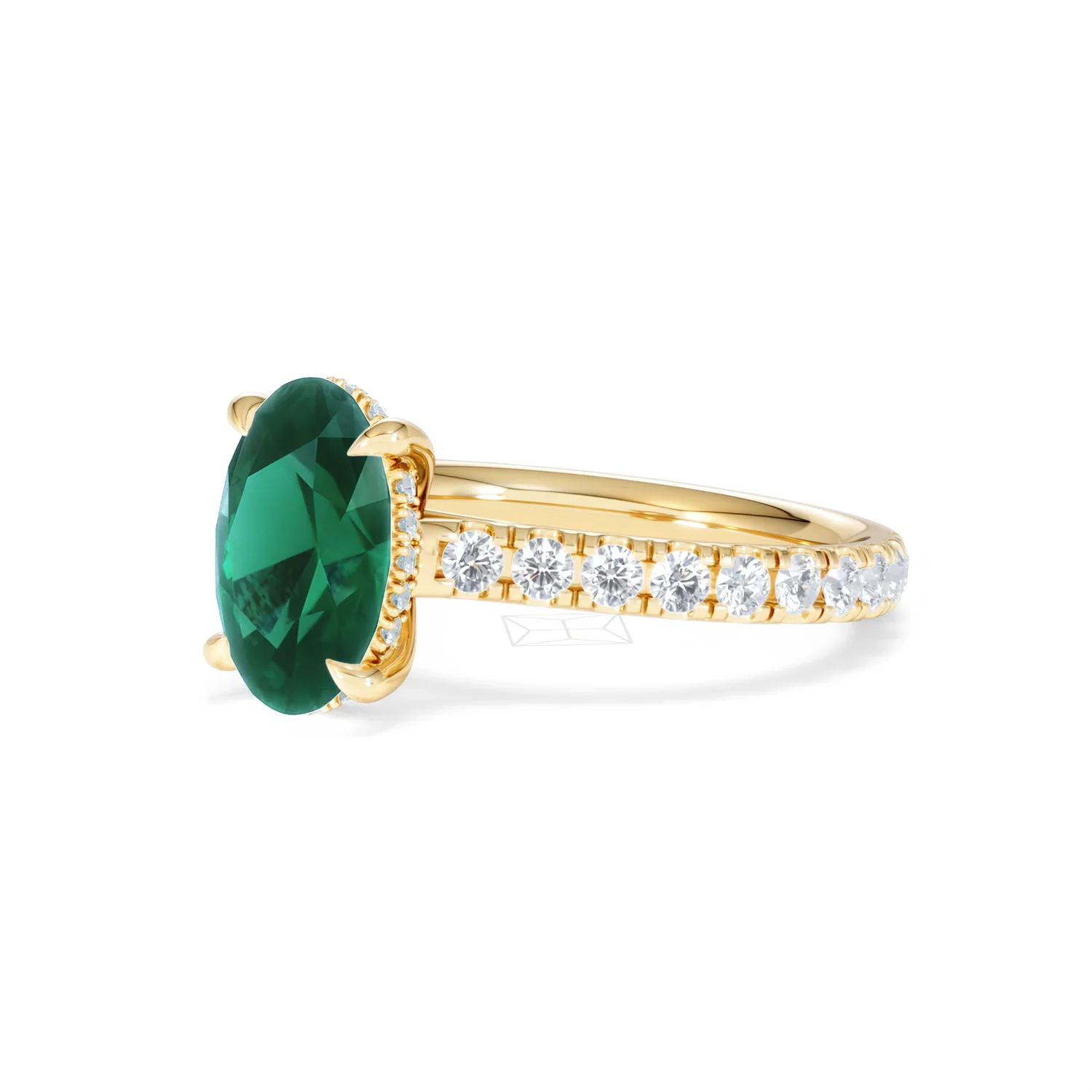 Amora 2.00ct Oval Cut Lab Emerald Hidden Halo Engagement Ring with Side Stones in 18K Yellow Gold - Image 79