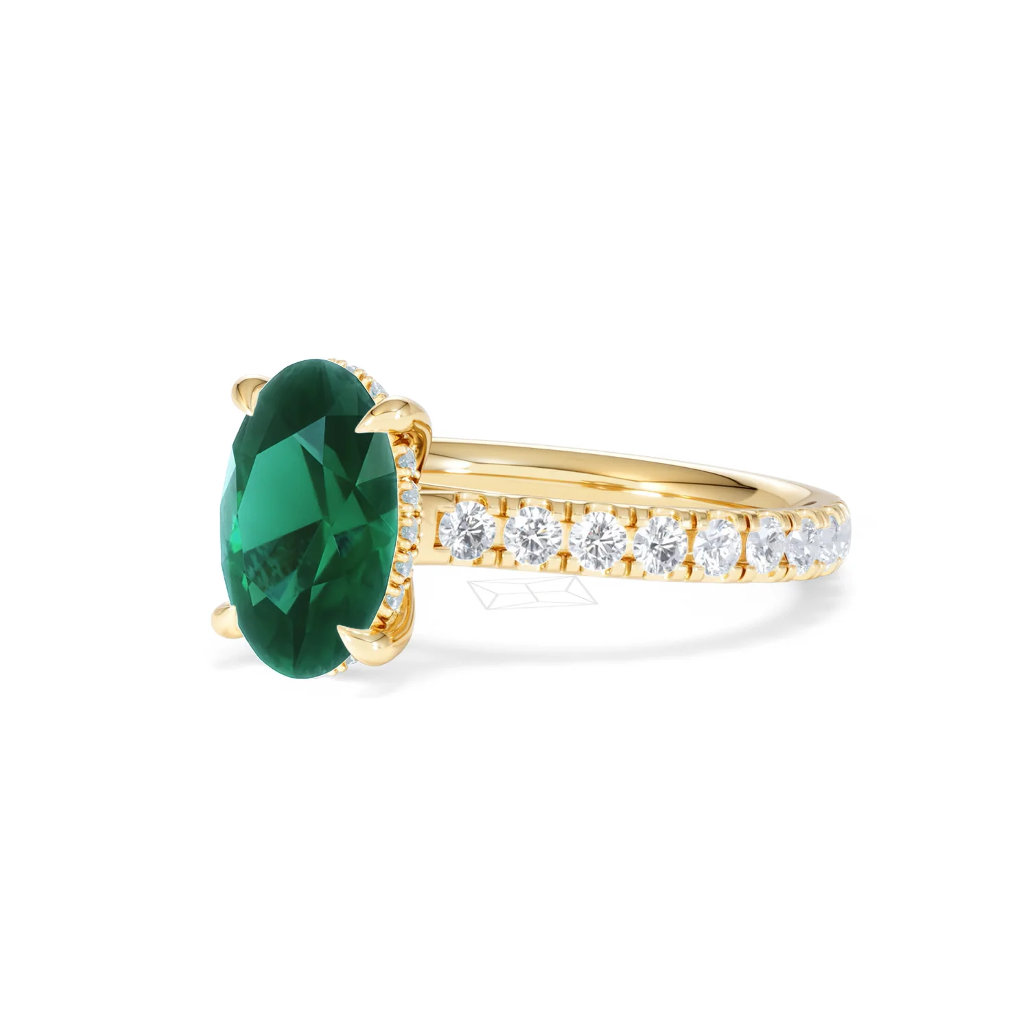 Amora 2.00ct Oval Cut Lab Emerald Hidden Halo Engagement Ring with Side Stones in 18K Yellow Gold - Image 80