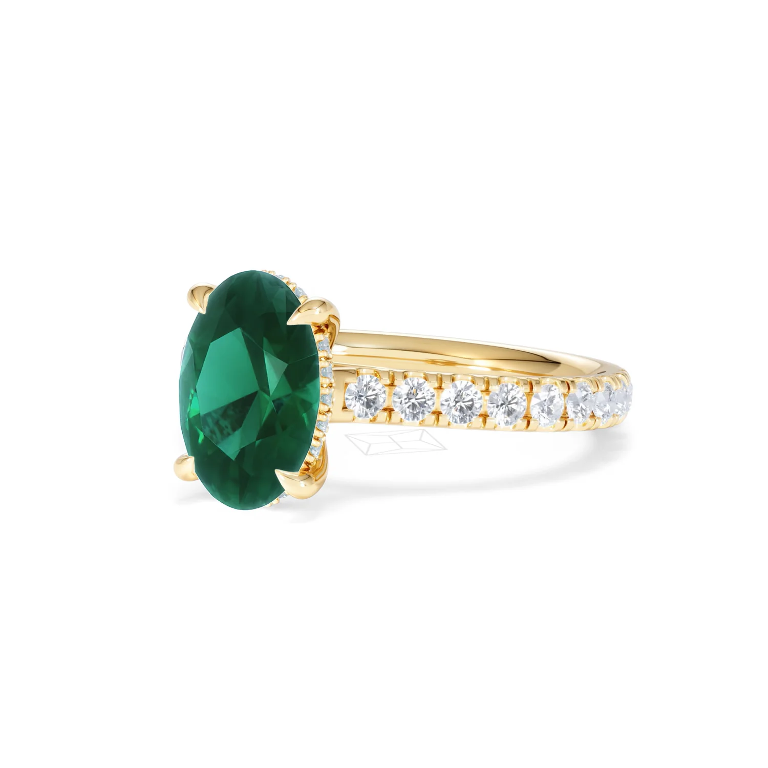 Amora 2.00ct Oval Cut Lab Emerald Hidden Halo Engagement Ring with Side Stones in 18K Yellow Gold - Image 81