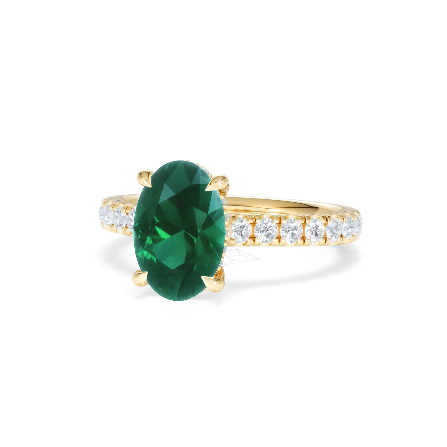 Amora 2.00ct Oval Cut Lab Emerald Hidden Halo Engagement Ring with Side Stones in 18K Yellow Gold - Image 84