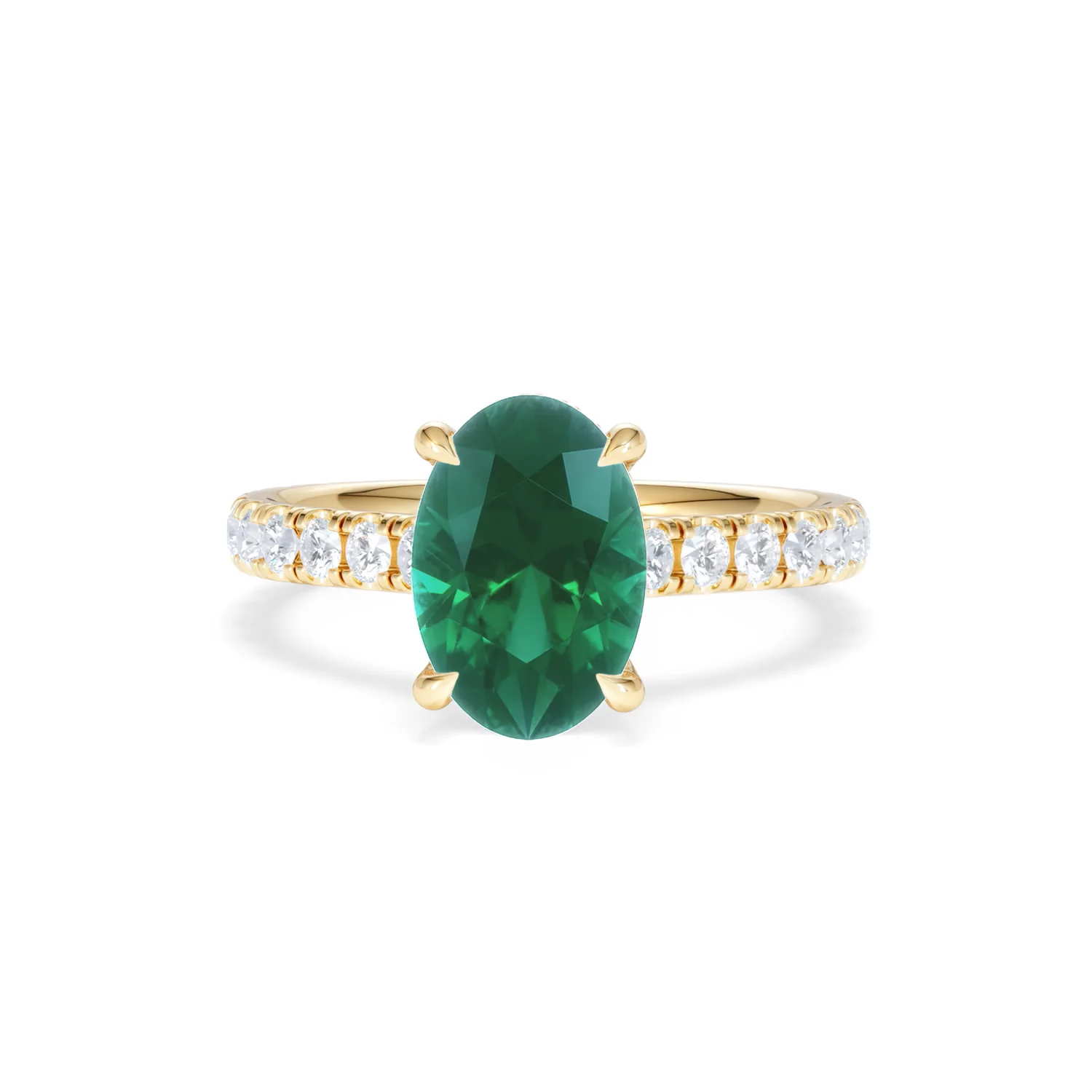 Amora 2.00ct Oval Cut Lab Emerald Hidden Halo Engagement Ring with Side Stones in 18K Yellow Gold - Image 87