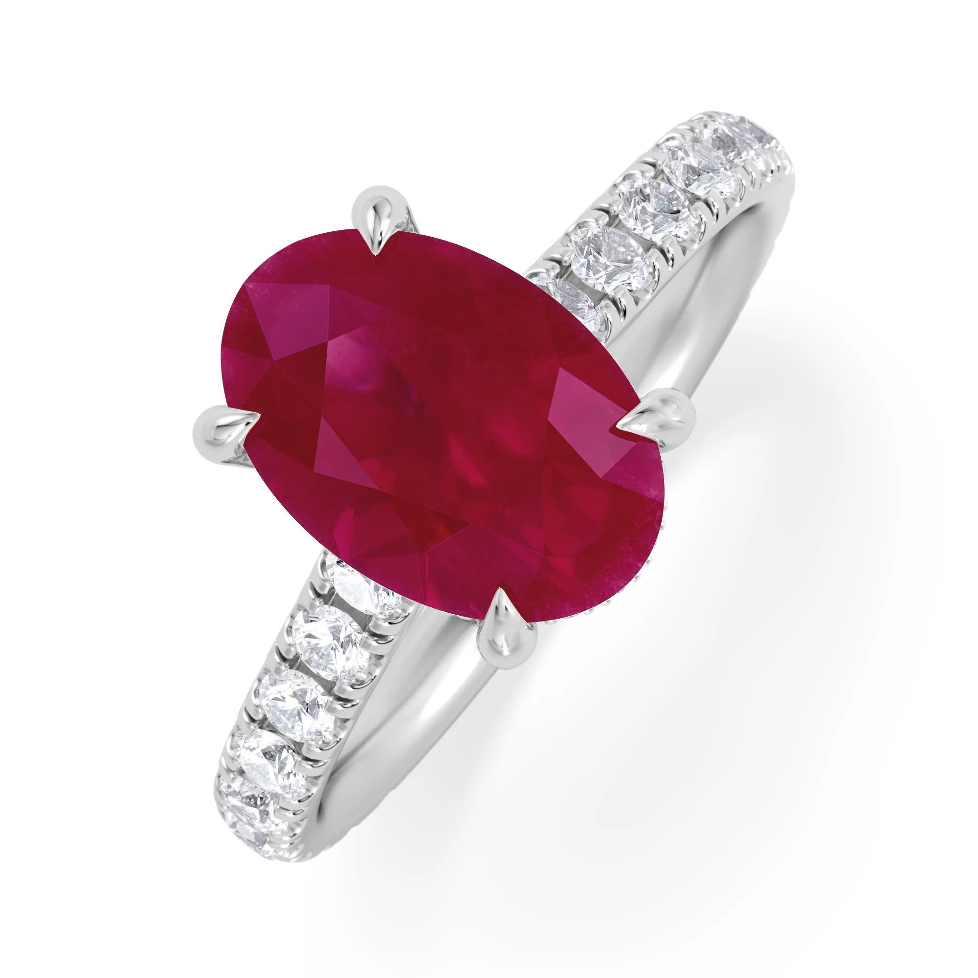 Amora 2.00ct Oval Cut Lab Ruby Hidden Halo Engagement Ring with Side Stones in 18K White Gold
