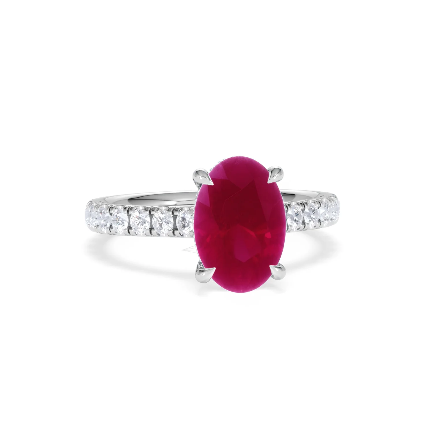 Amora 2.00ct Oval Cut Lab Ruby Hidden Halo Engagement Ring with Side Stones in 18K White Gold - Image 11