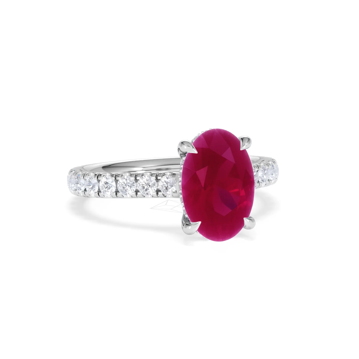 Amora 2.00ct Oval Cut Lab Ruby Hidden Halo Engagement Ring with Side Stones in 18K White Gold - Image 13