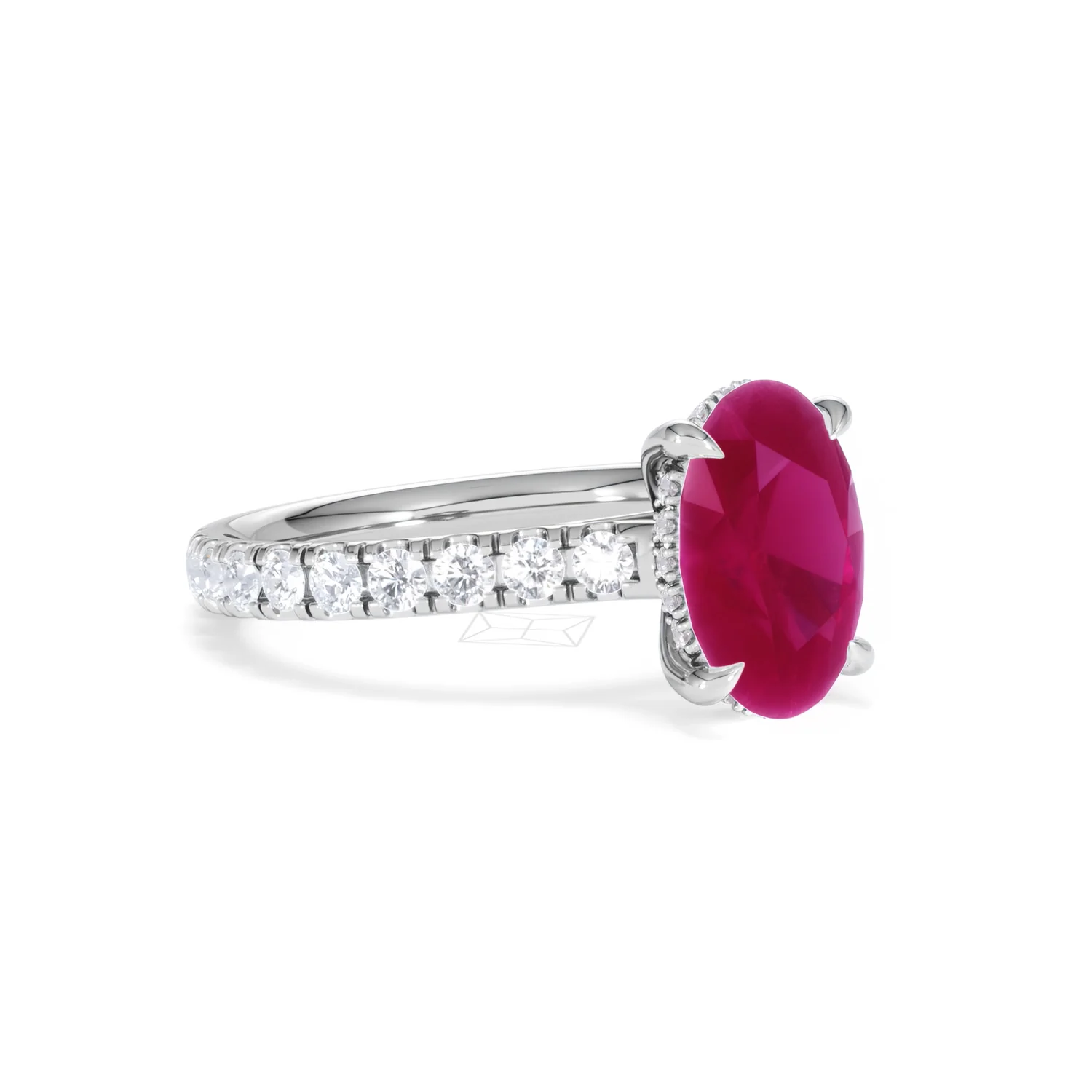 Amora 2.00ct Oval Cut Lab Ruby Hidden Halo Engagement Ring with Side Stones in 18K White Gold - Image 17