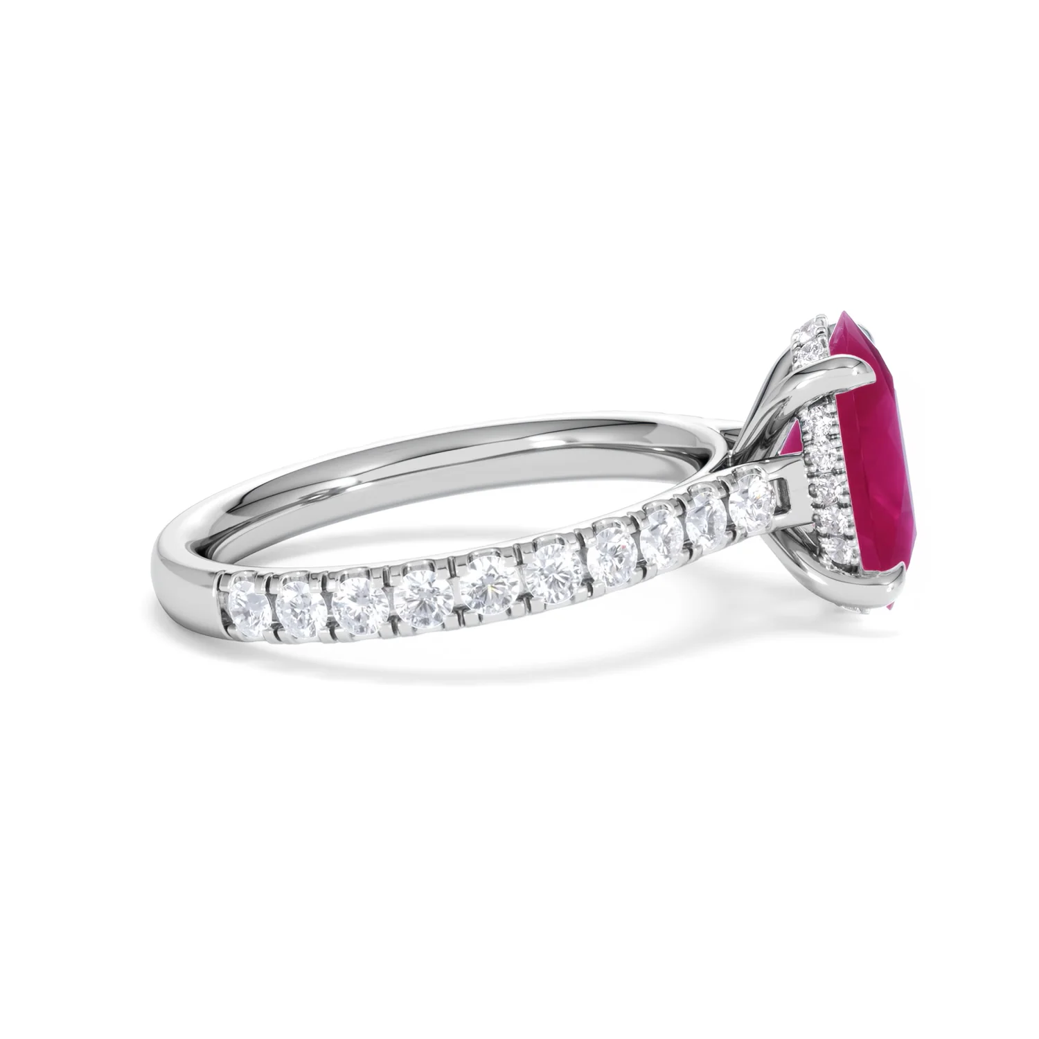 Amora 2.00ct Oval Cut Lab Ruby Hidden Halo Engagement Ring with Side Stones in 18K White Gold - Image 28