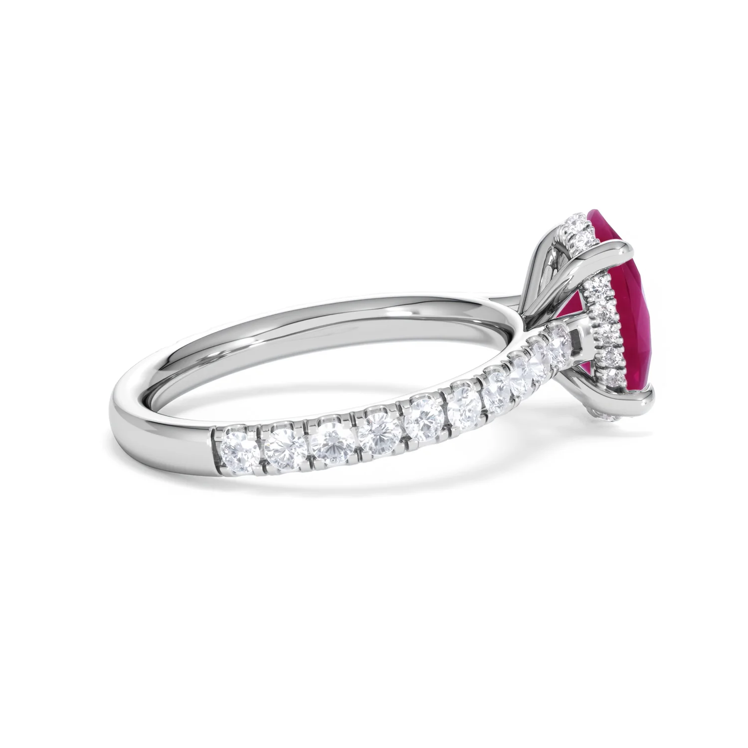 Amora 2.00ct Oval Cut Lab Ruby Hidden Halo Engagement Ring with Side Stones in 18K White Gold - Image 32