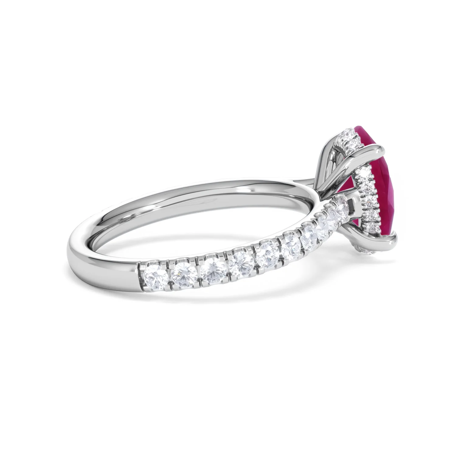 Amora 2.00ct Oval Cut Lab Ruby Hidden Halo Engagement Ring with Side Stones in 18K White Gold - Image 33