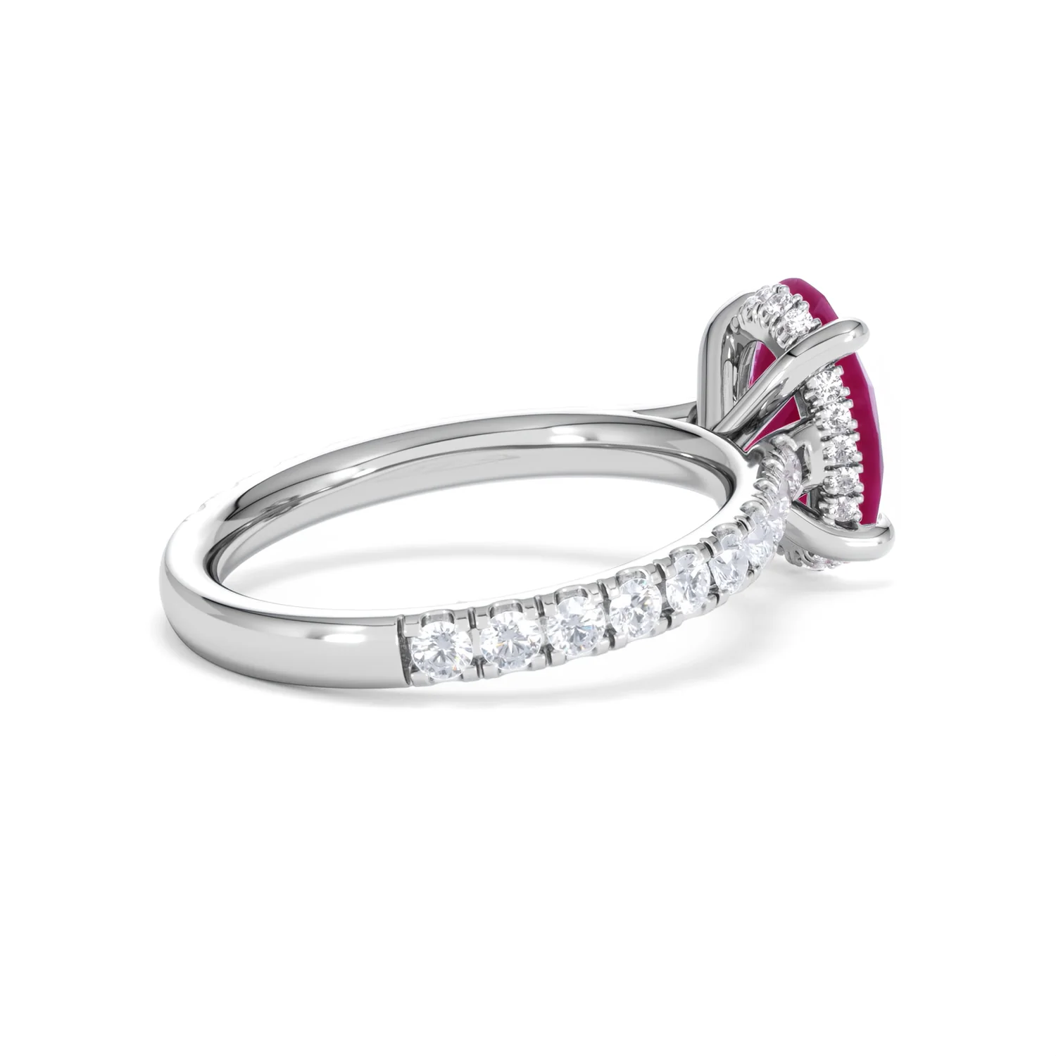 Amora 2.00ct Oval Cut Lab Ruby Hidden Halo Engagement Ring with Side Stones in 18K White Gold - Image 36