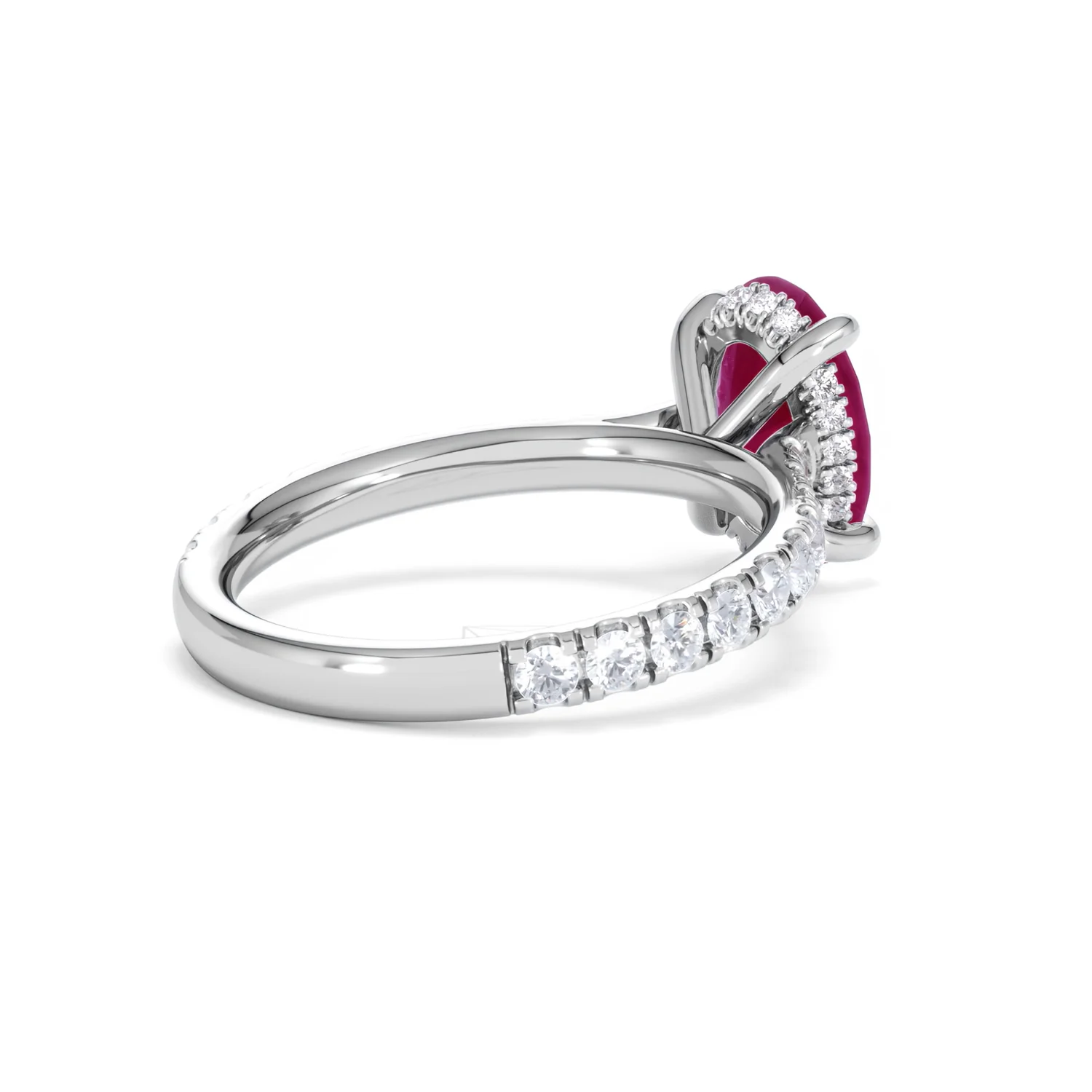 Amora 2.00ct Oval Cut Lab Ruby Hidden Halo Engagement Ring with Side Stones in 18K White Gold - Image 39