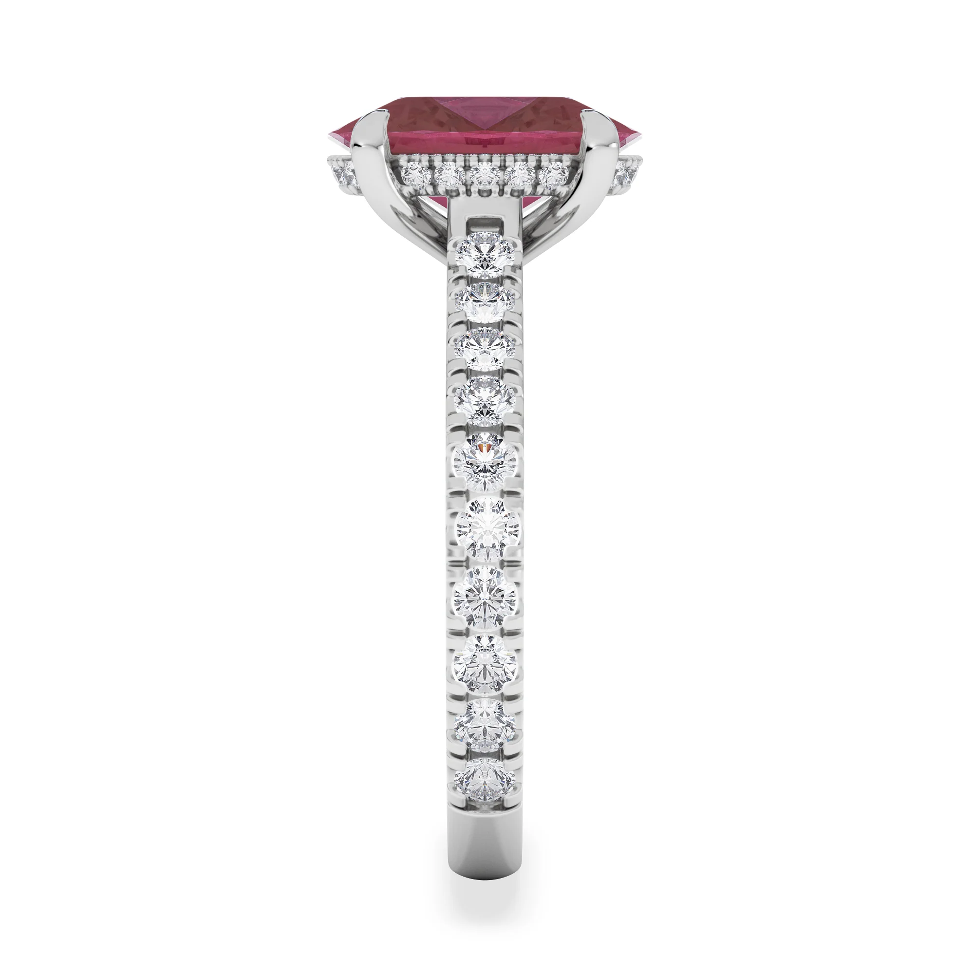 Amora 2.00ct Oval Cut Lab Ruby Hidden Halo Engagement Ring with Side Stones in 18K White Gold - Image 5