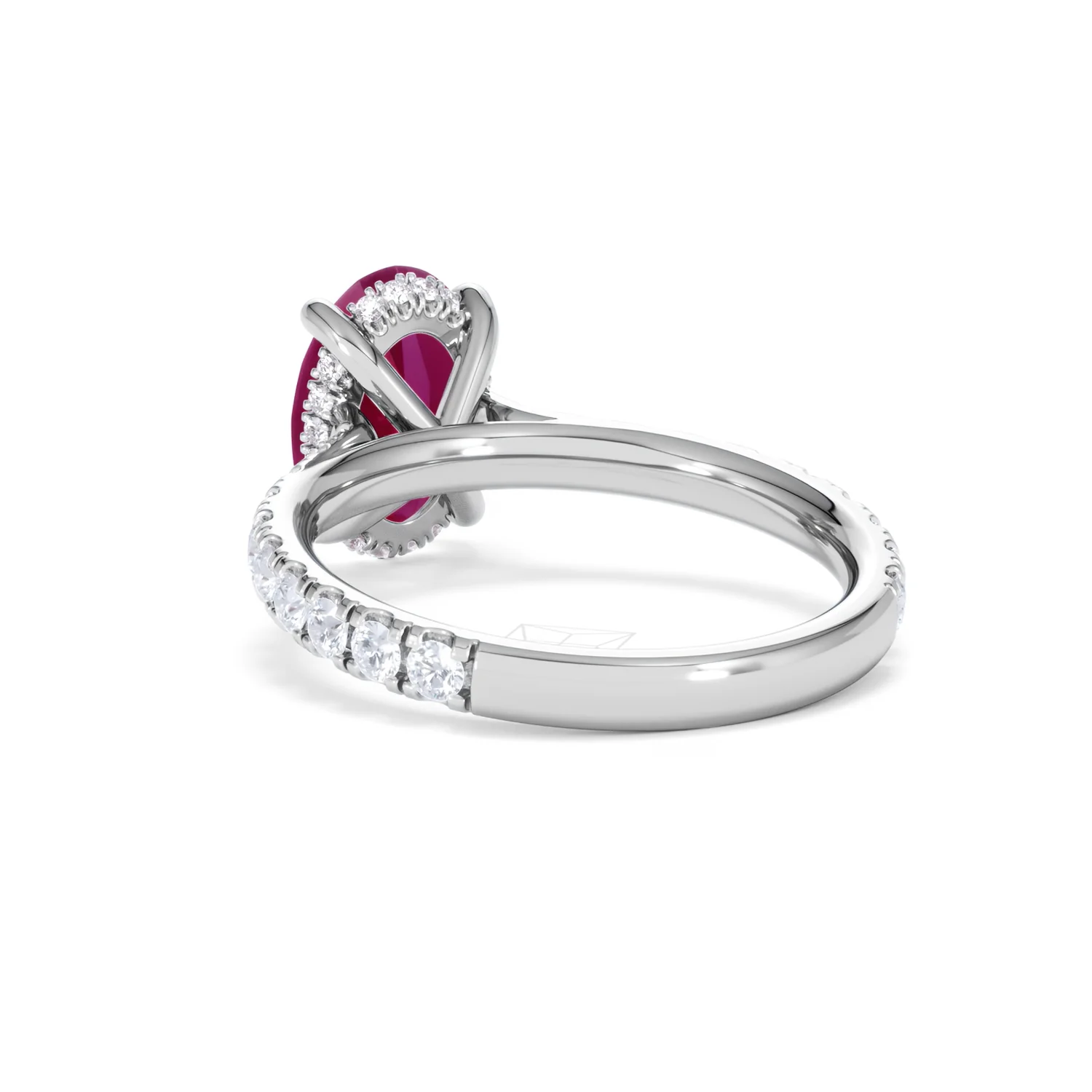 Amora 2.00ct Oval Cut Lab Ruby Hidden Halo Engagement Ring with Side Stones in 18K White Gold - Image 55