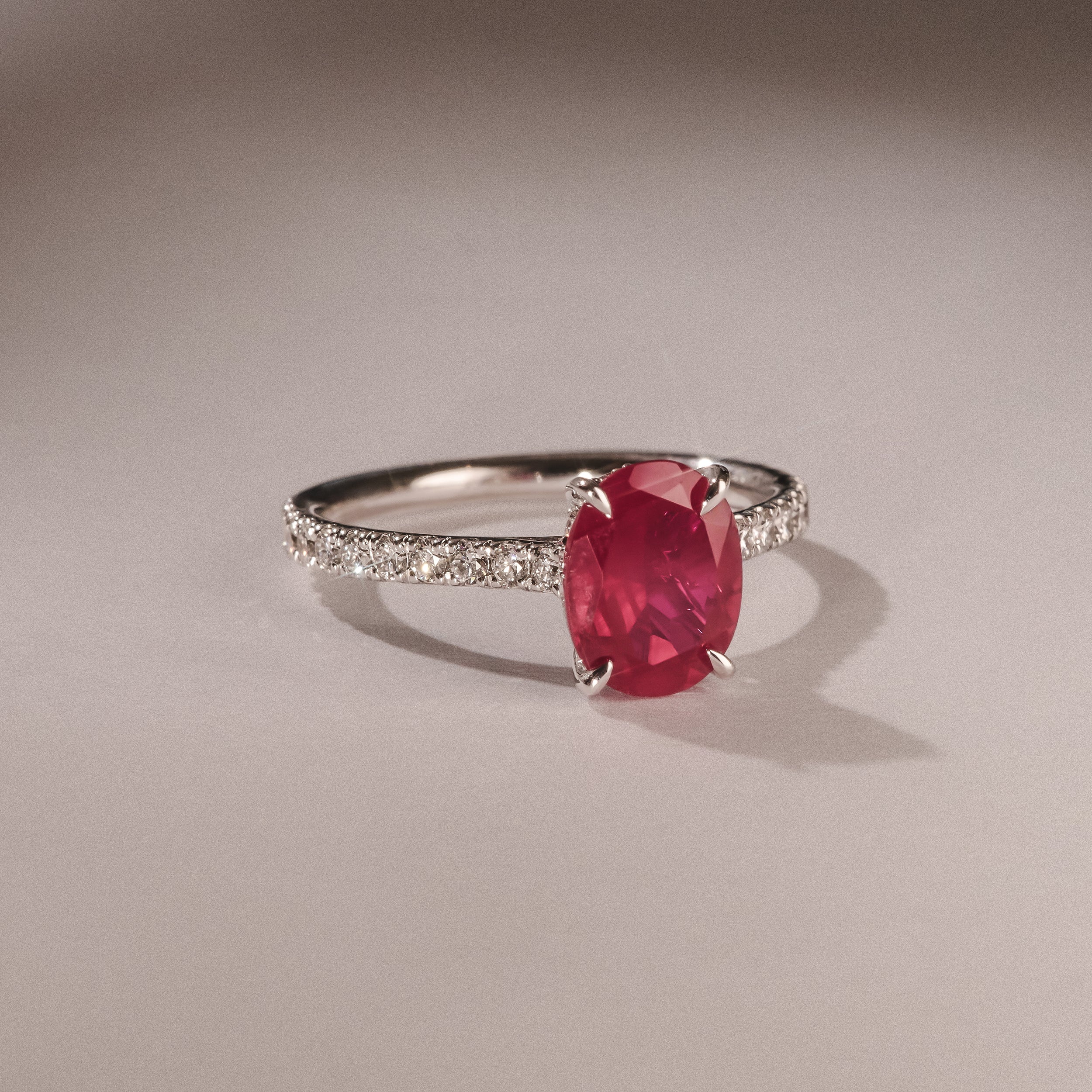 Amora 2.00ct Oval Cut Lab Ruby Hidden Halo Engagement Ring with Side Stones in 18K White Gold - Image 6