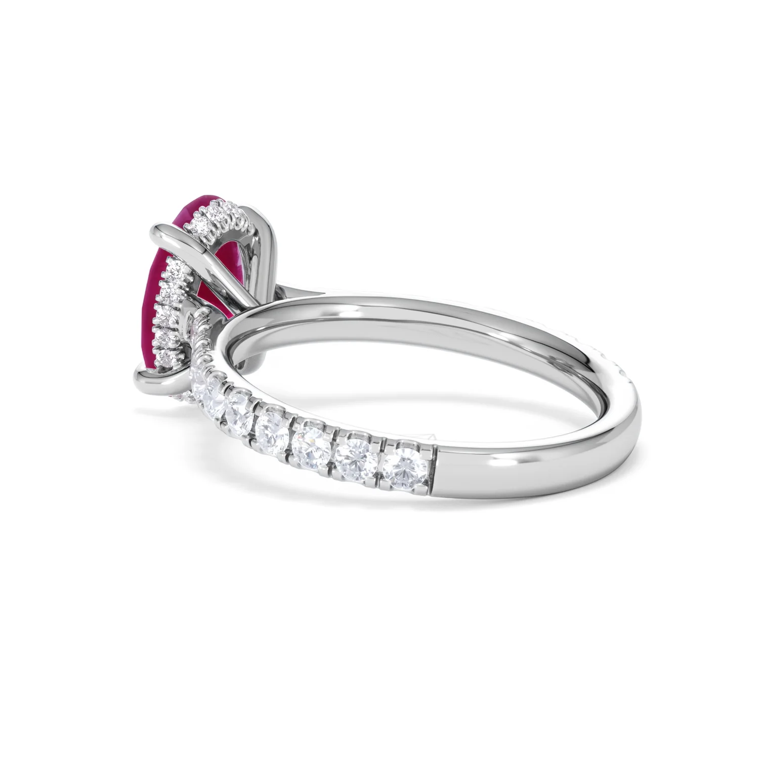 Amora 2.00ct Oval Cut Lab Ruby Hidden Halo Engagement Ring with Side Stones in 18K White Gold - Image 60