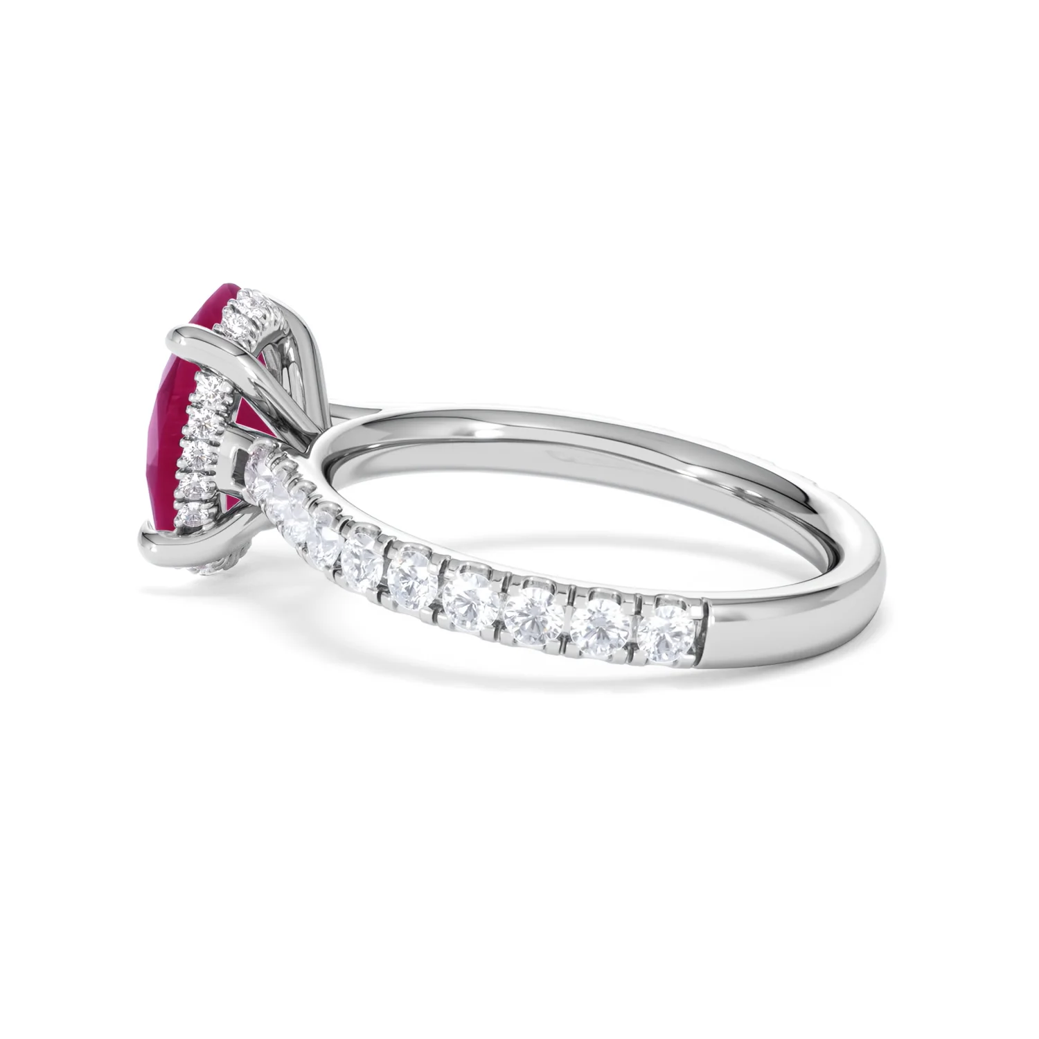 Amora 2.00ct Oval Cut Lab Ruby Hidden Halo Engagement Ring with Side Stones in 18K White Gold - Image 64