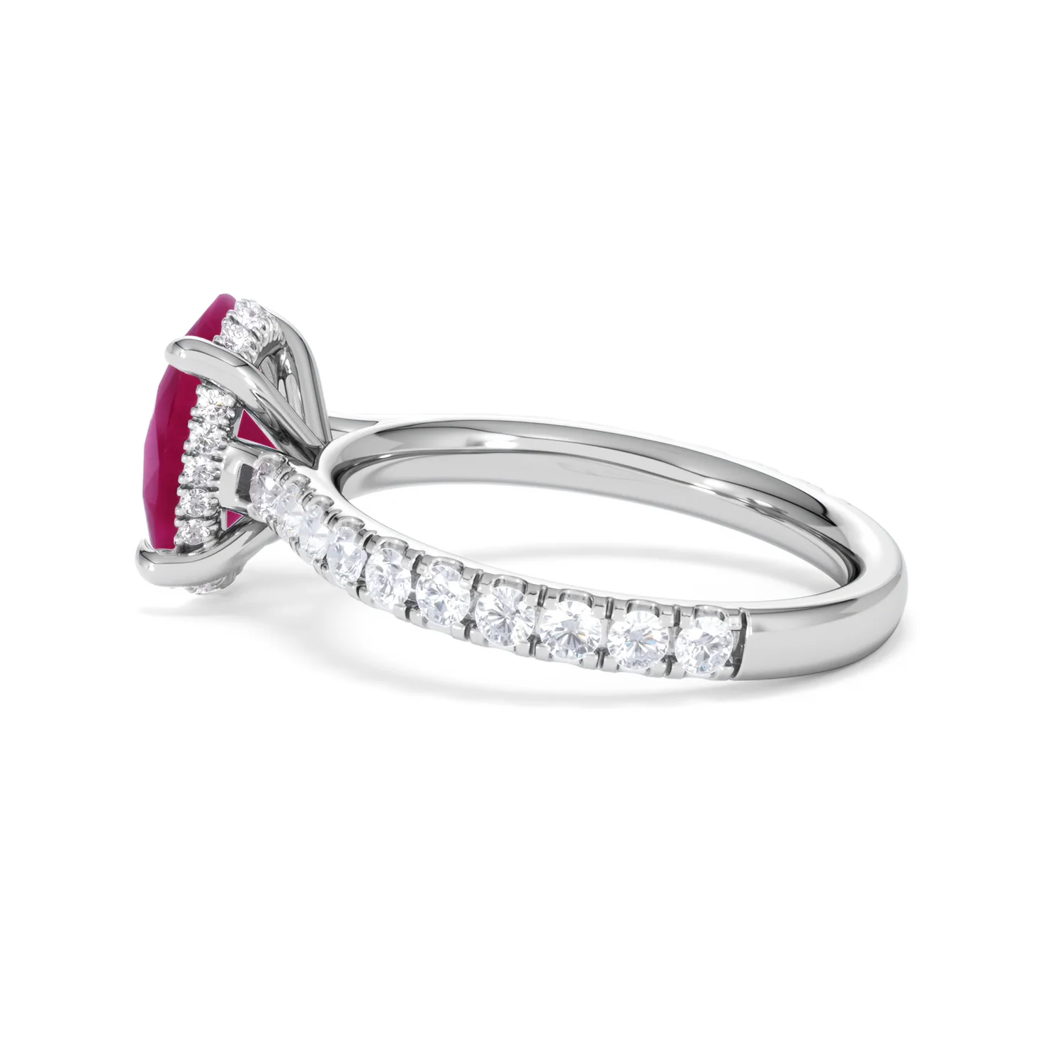 Amora 2.00ct Oval Cut Lab Ruby Hidden Halo Engagement Ring with Side Stones in 18K White Gold - Image 65