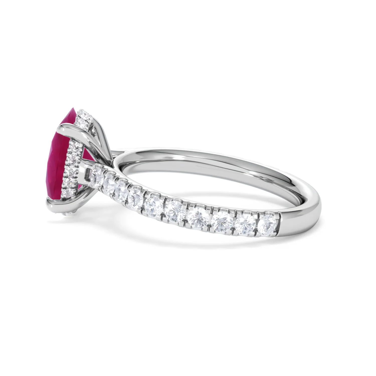 Amora 2.00ct Oval Cut Lab Ruby Hidden Halo Engagement Ring with Side Stones in 18K White Gold - Image 67