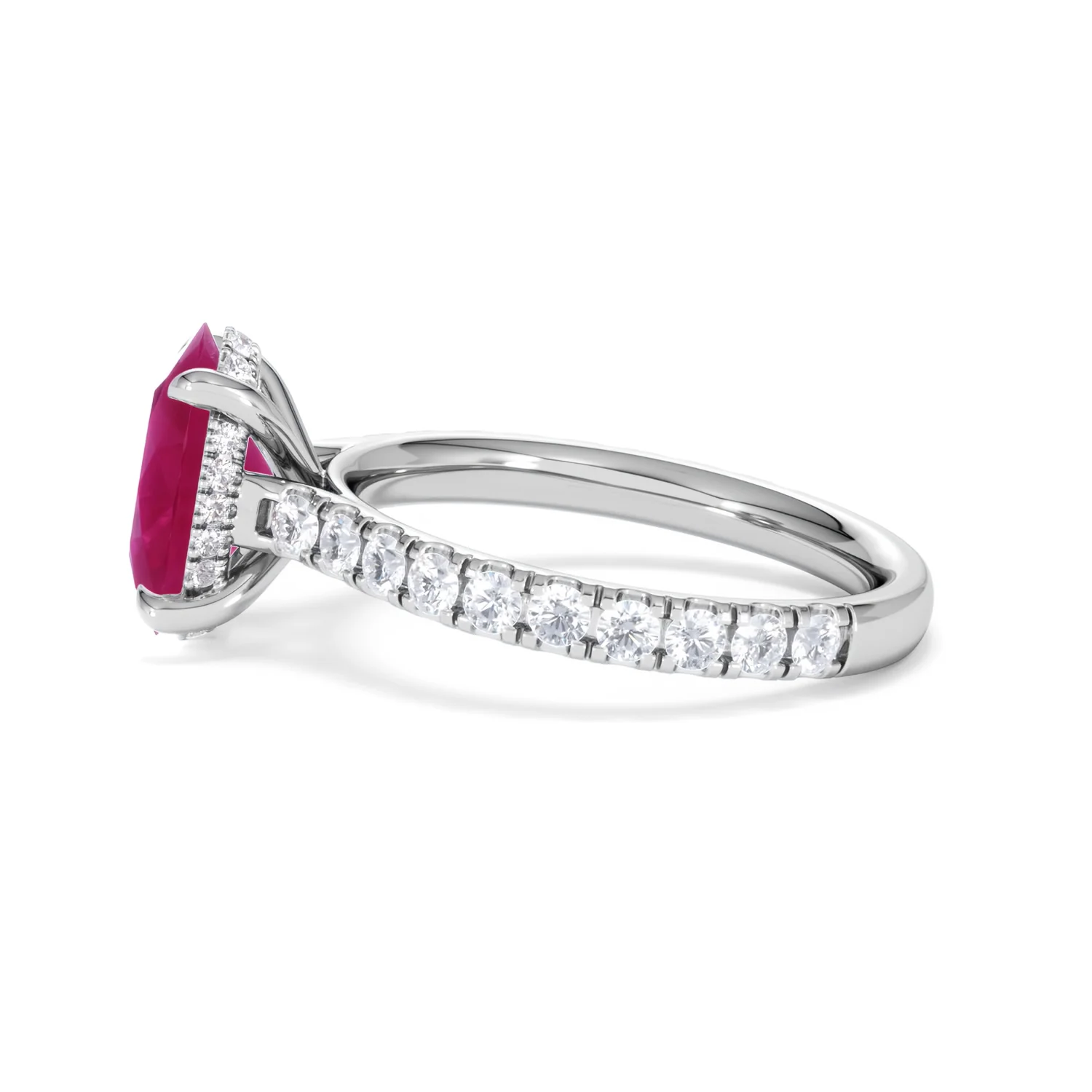 Amora 2.00ct Oval Cut Lab Ruby Hidden Halo Engagement Ring with Side Stones in 18K White Gold - Image 69