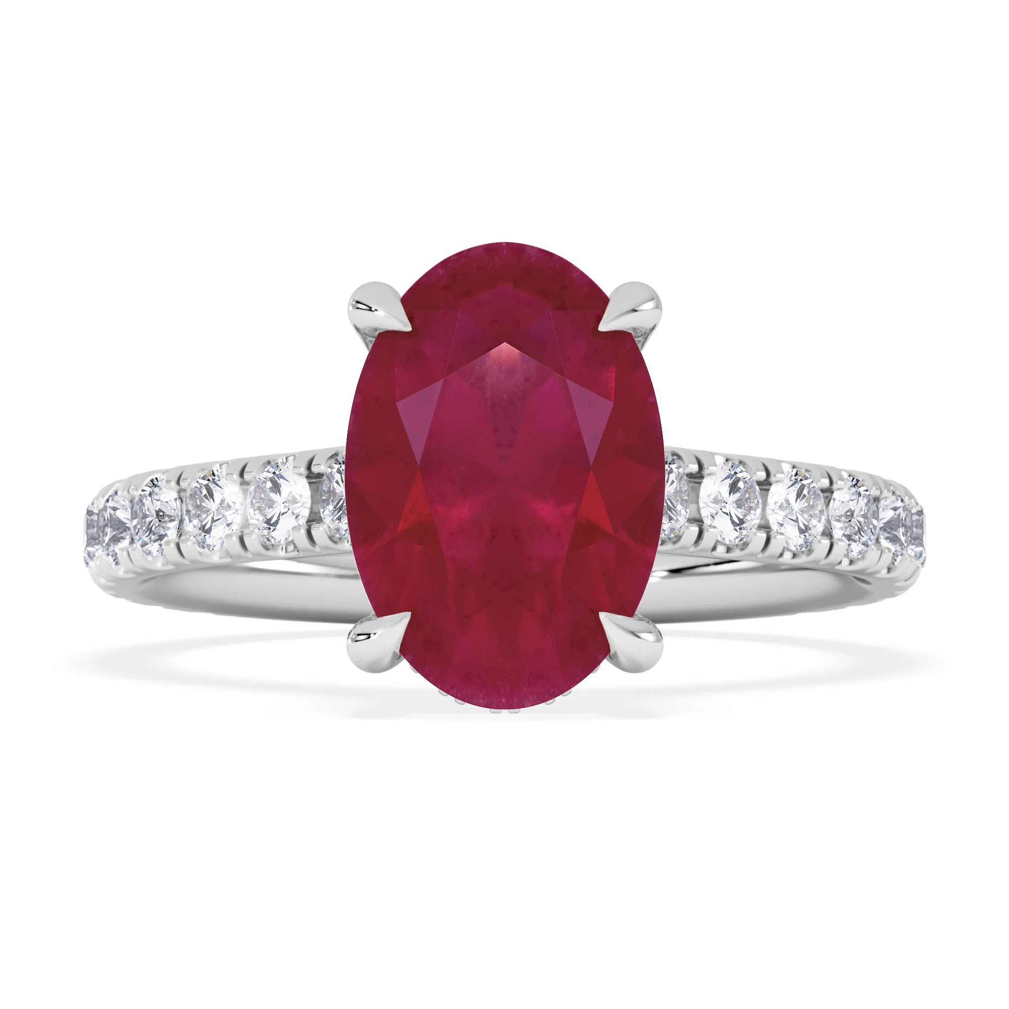 Amora 2.00ct Oval Cut Lab Ruby Hidden Halo Engagement Ring with Side Stones in 18K White Gold - Image 7