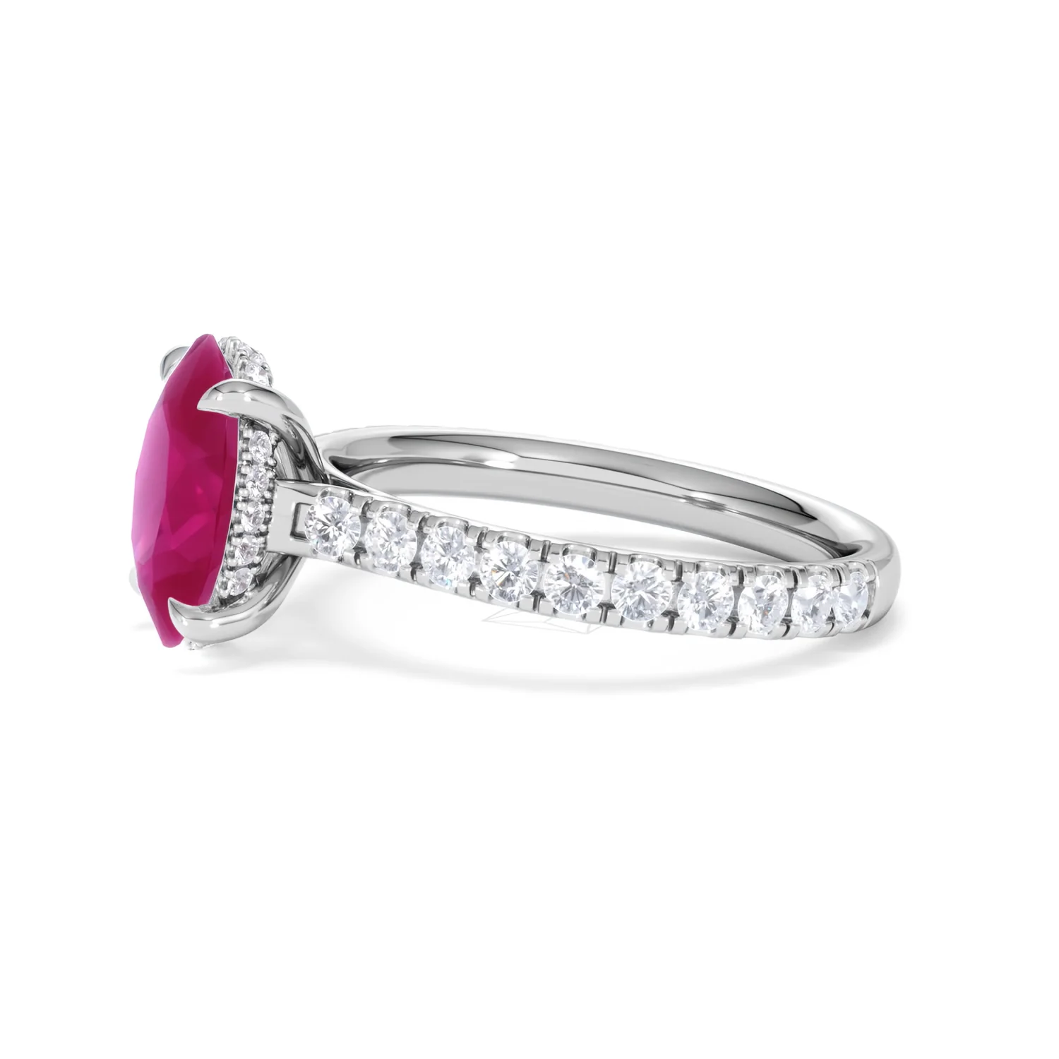 Amora 2.00ct Oval Cut Lab Ruby Hidden Halo Engagement Ring with Side Stones in 18K White Gold - Image 73