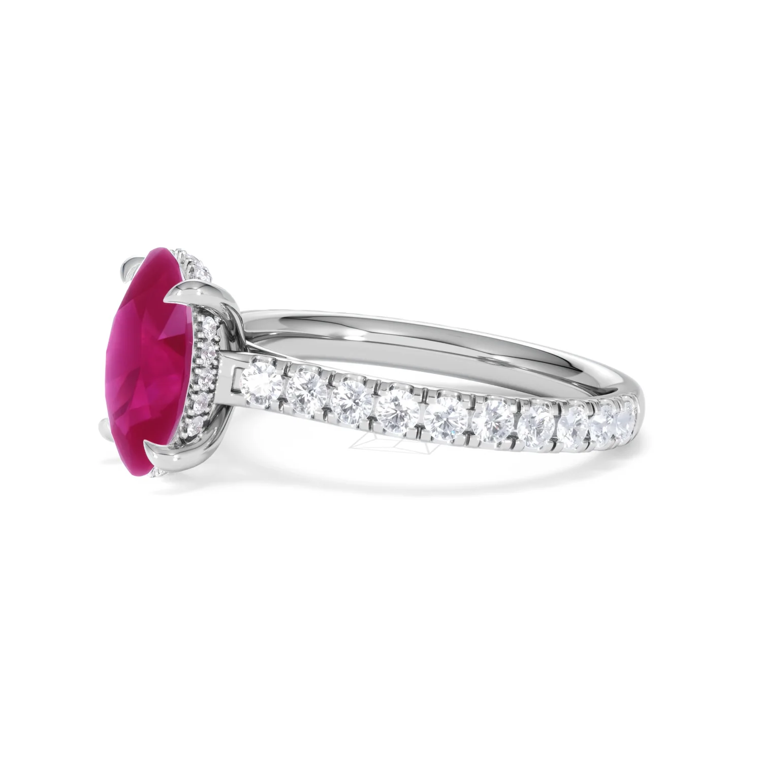 Amora 2.00ct Oval Cut Lab Ruby Hidden Halo Engagement Ring with Side Stones in 18K White Gold - Image 75