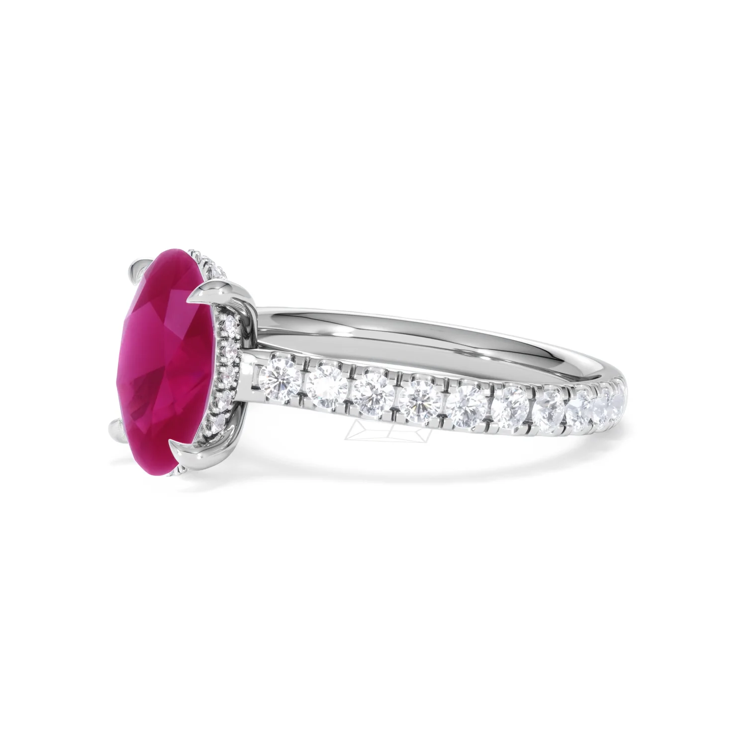 Amora 2.00ct Oval Cut Lab Ruby Hidden Halo Engagement Ring with Side Stones in 18K White Gold - Image 77