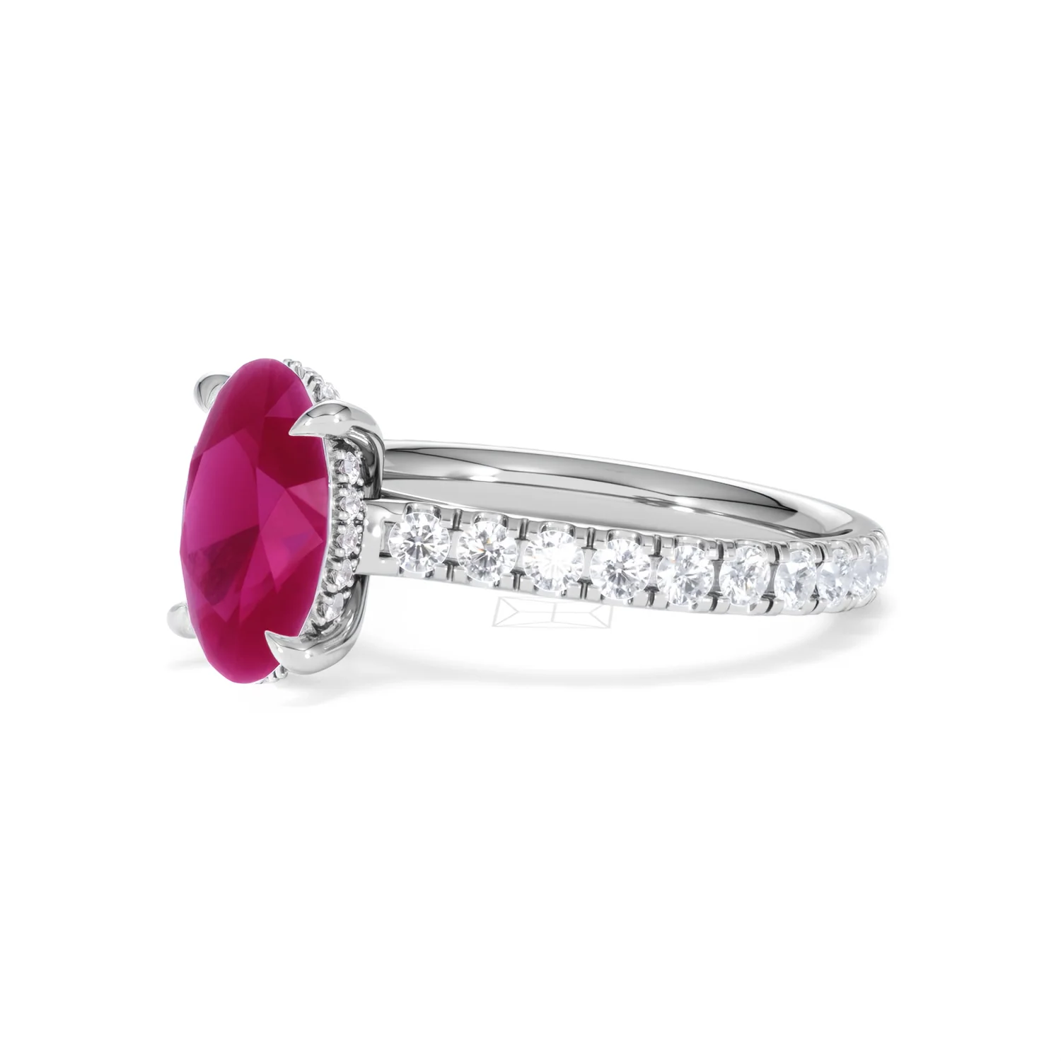 Amora 2.00ct Oval Cut Lab Ruby Hidden Halo Engagement Ring with Side Stones in 18K White Gold - Image 78