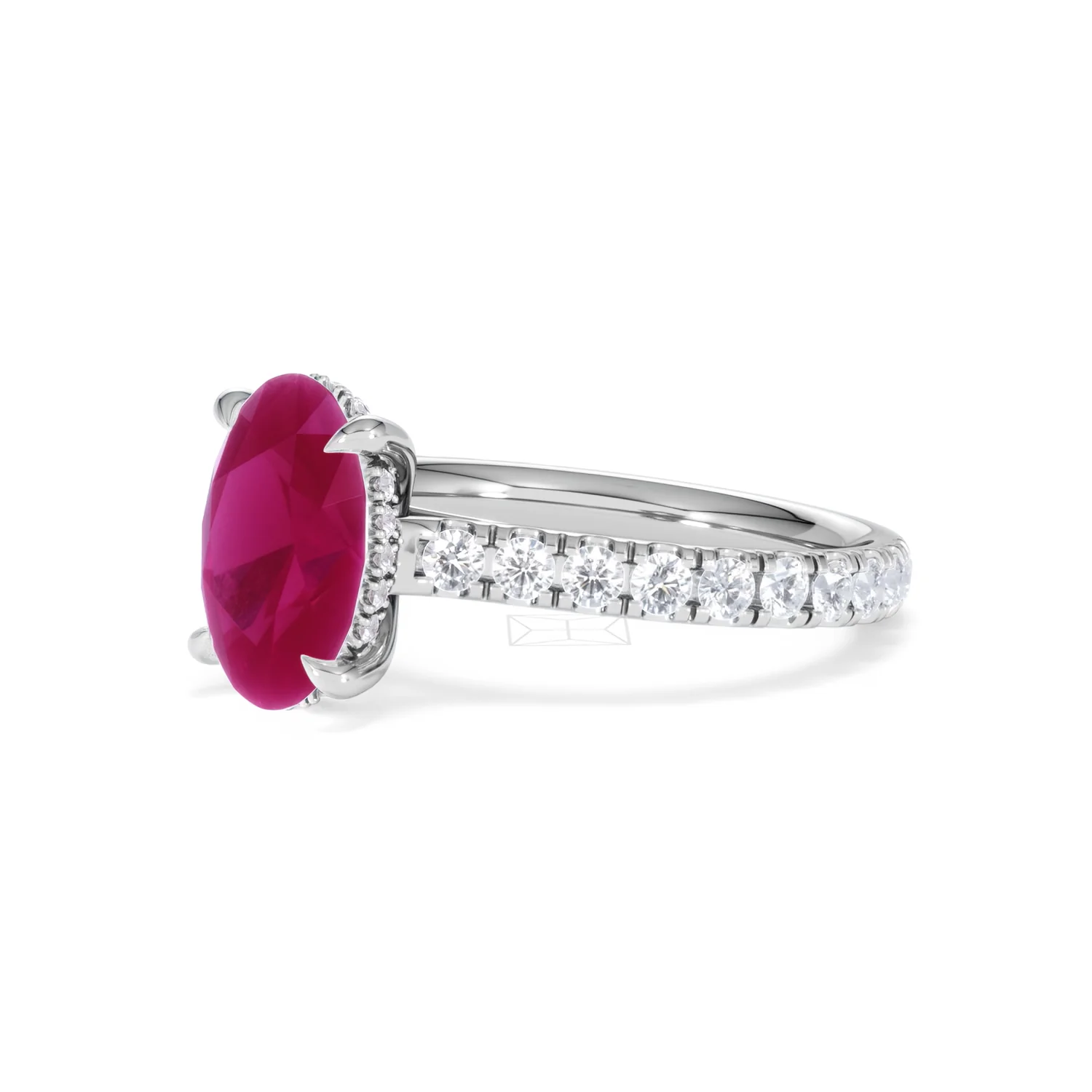 Amora 2.00ct Oval Cut Lab Ruby Hidden Halo Engagement Ring with Side Stones in 18K White Gold - Image 79