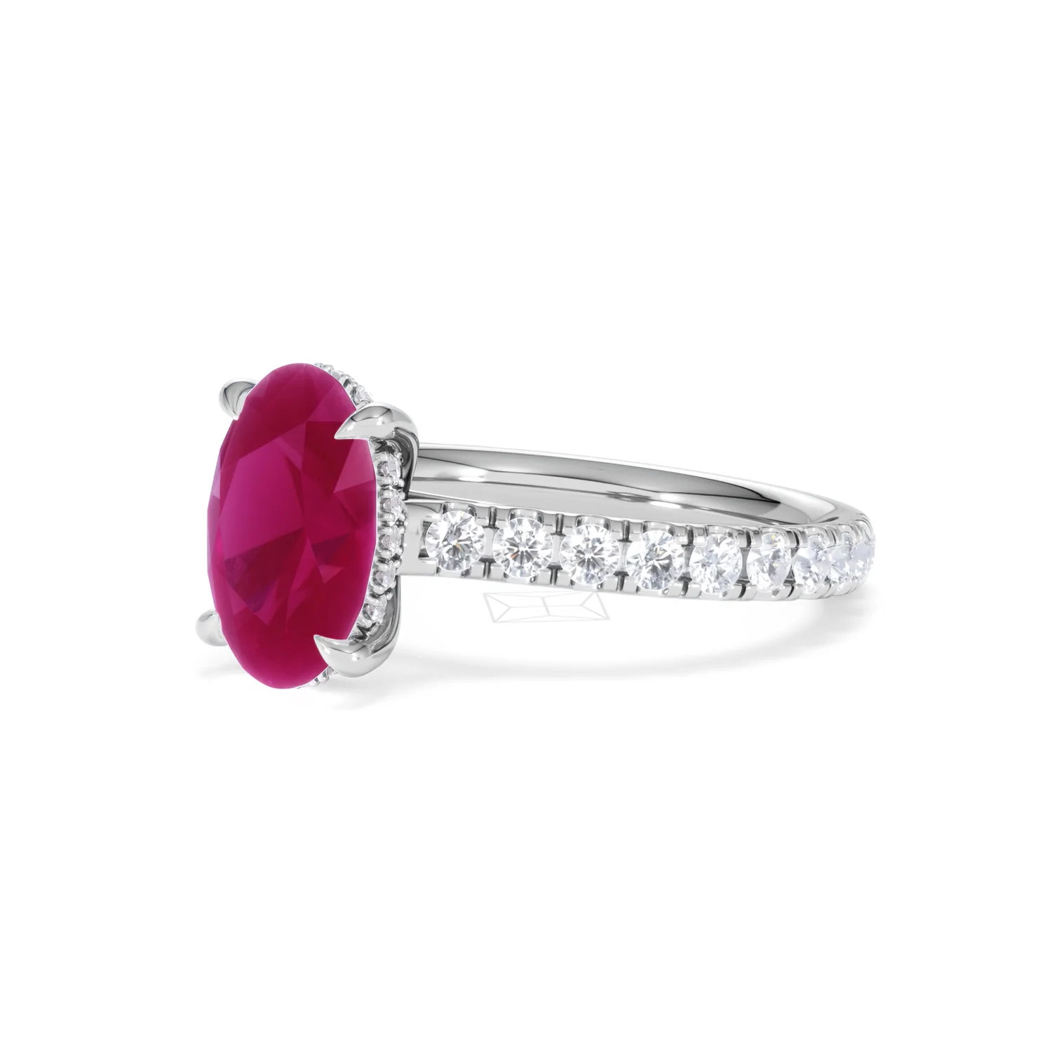 Amora 2.00ct Oval Cut Lab Ruby Hidden Halo Engagement Ring with Side Stones in 18K White Gold - Image 80