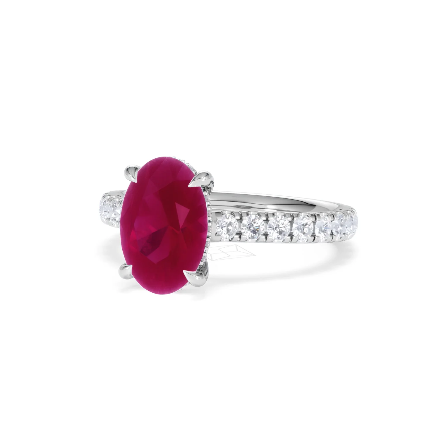 Amora 2.00ct Oval Cut Lab Ruby Hidden Halo Engagement Ring with Side Stones in 18K White Gold - Image 84