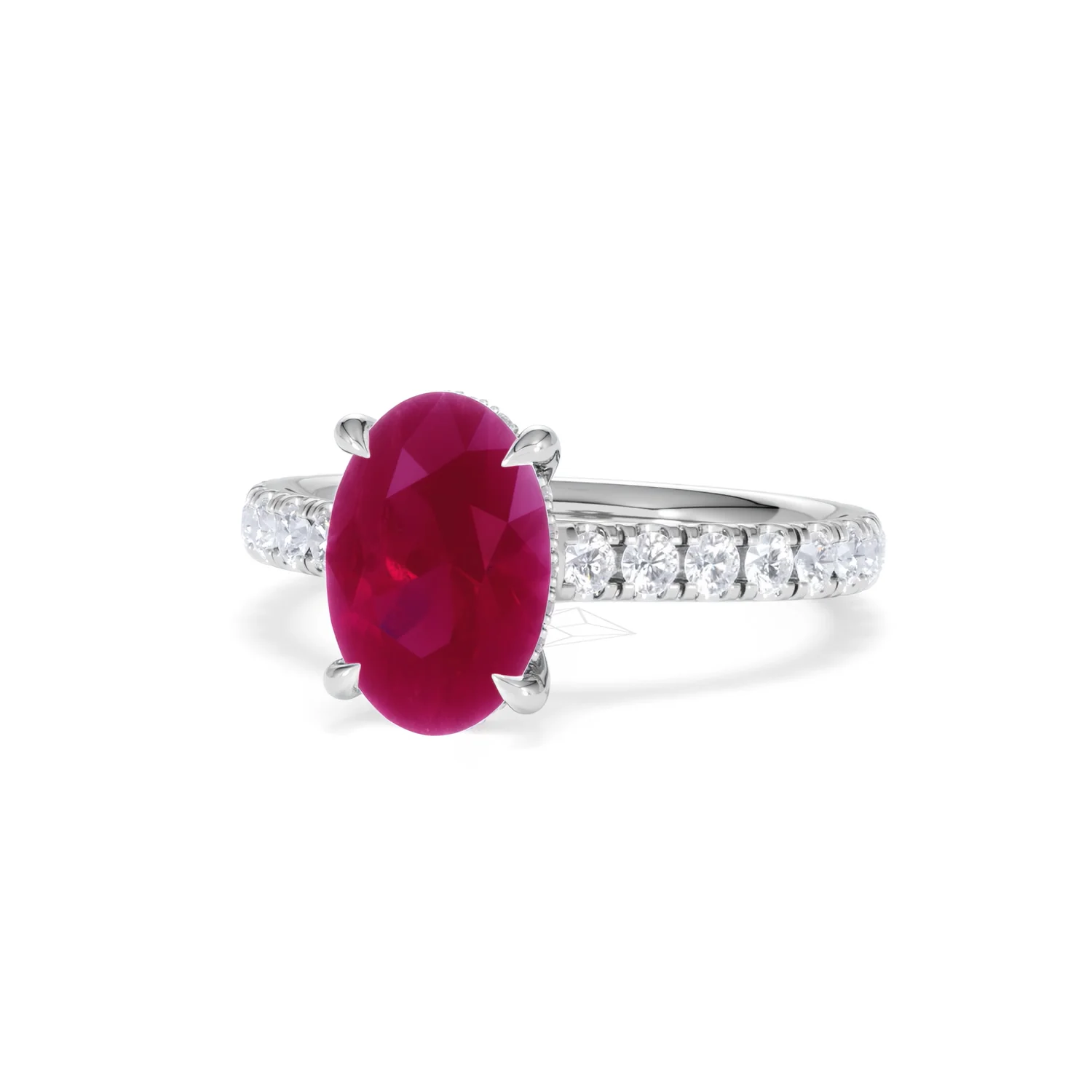 Amora 2.00ct Oval Cut Lab Ruby Hidden Halo Engagement Ring with Side Stones in 18K White Gold - Image 85