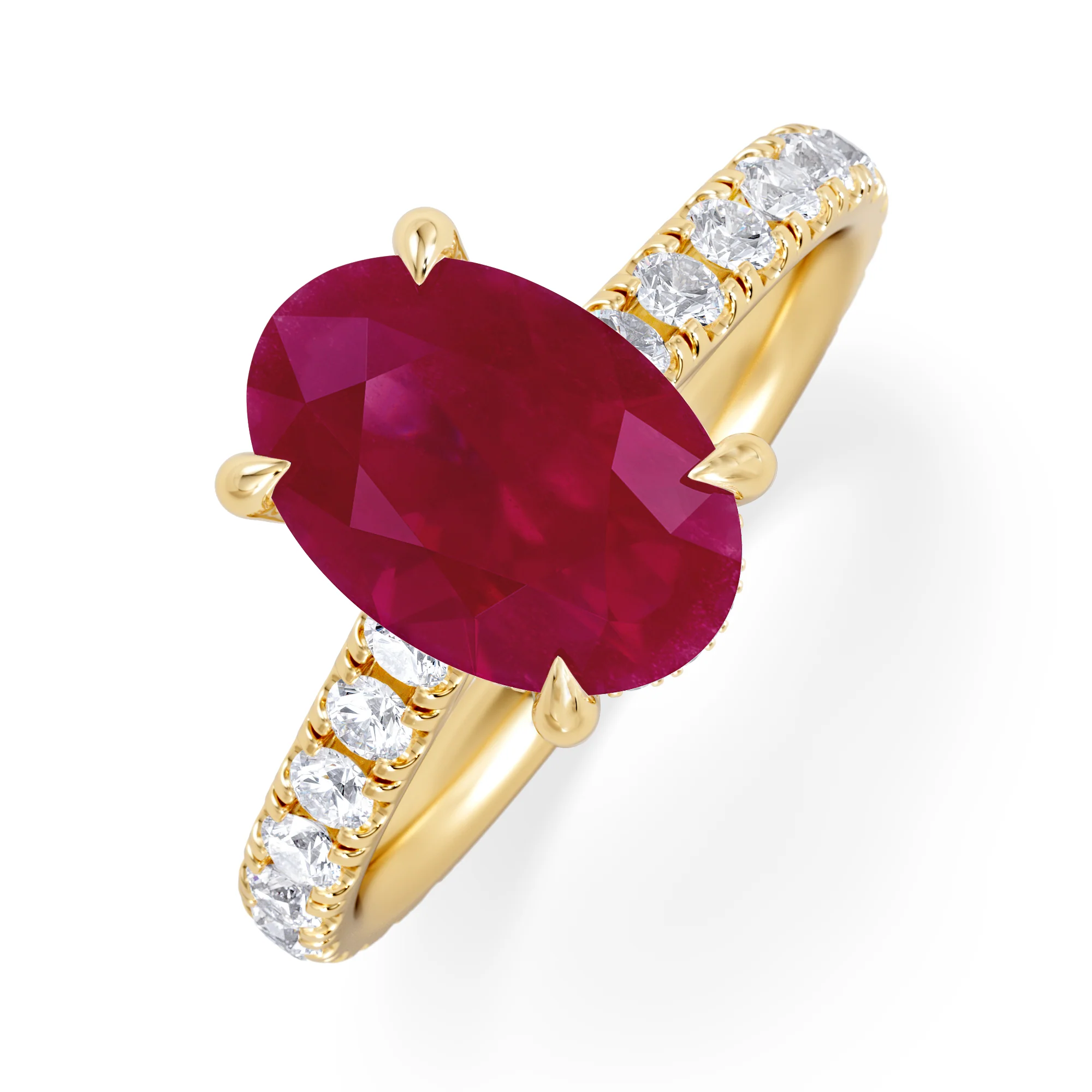 Amora 2.00ct Oval Cut Lab Ruby Hidden Halo Engagement with Side Stones Ring in 18K Yellow Gold