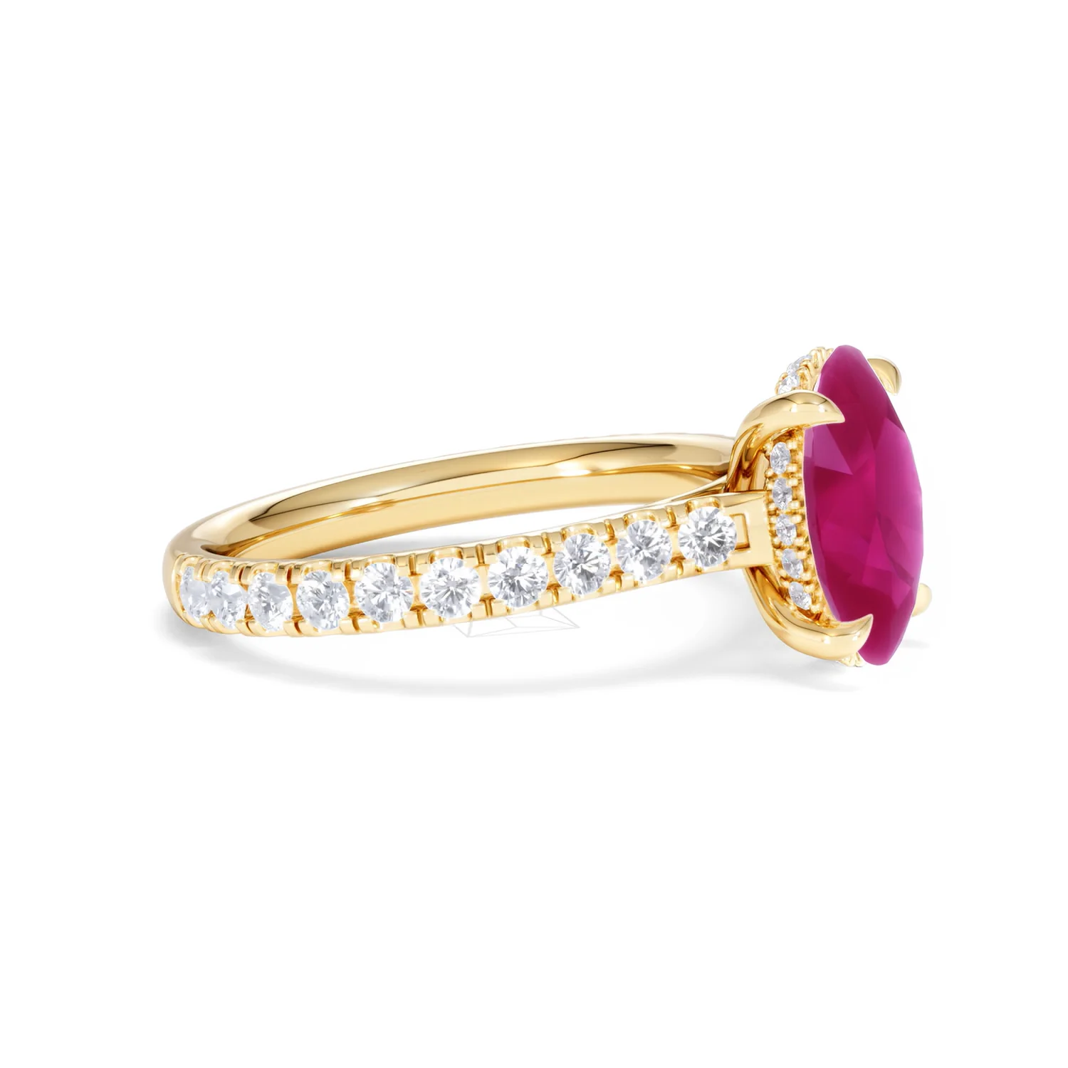 Amora 2.00ct Oval Cut Lab Ruby Hidden Halo Engagement with Side Stones Ring in 18K Yellow Gold - Image 23