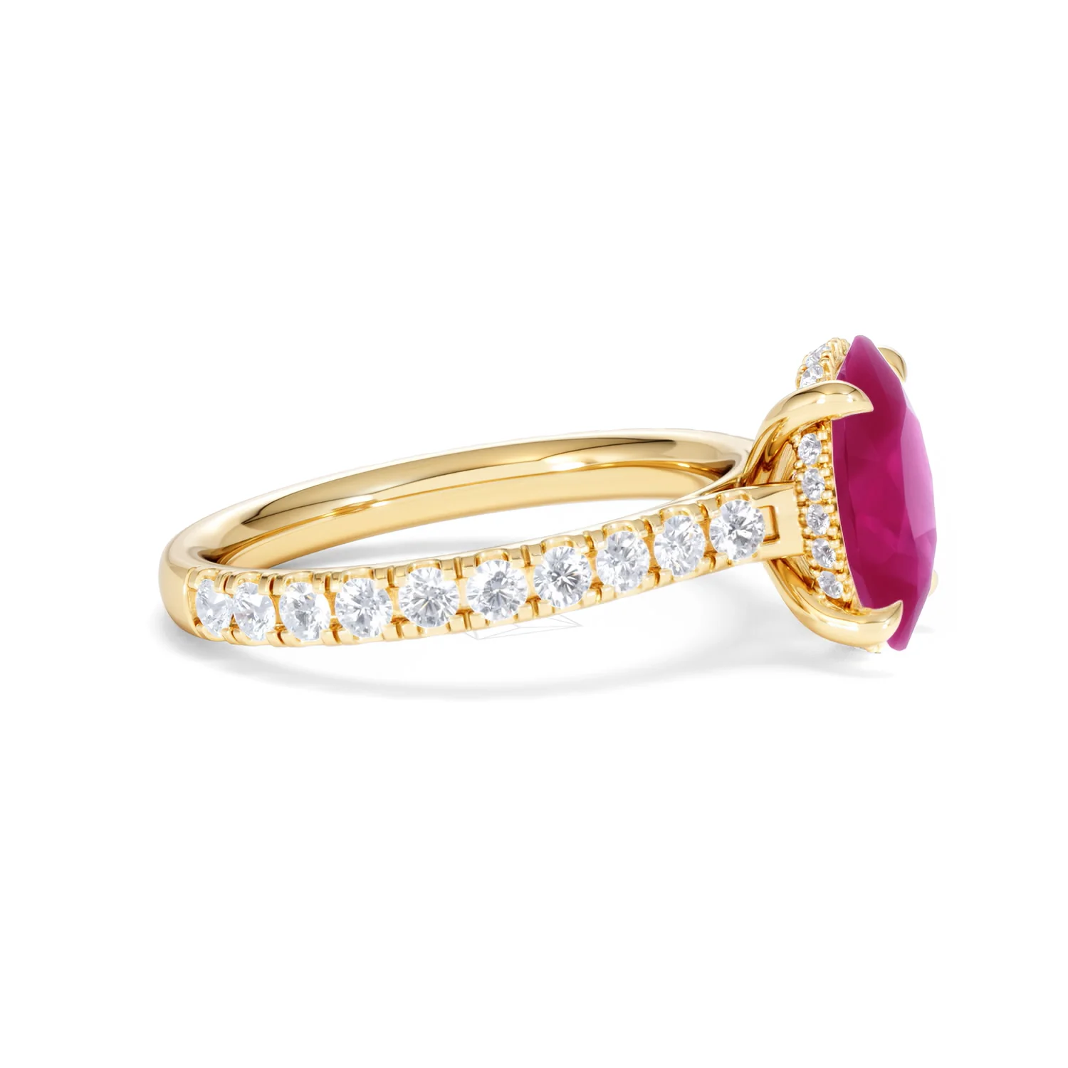 Amora 2.00ct Oval Cut Lab Ruby Hidden Halo Engagement with Side Stones Ring in 18K Yellow Gold - Image 25