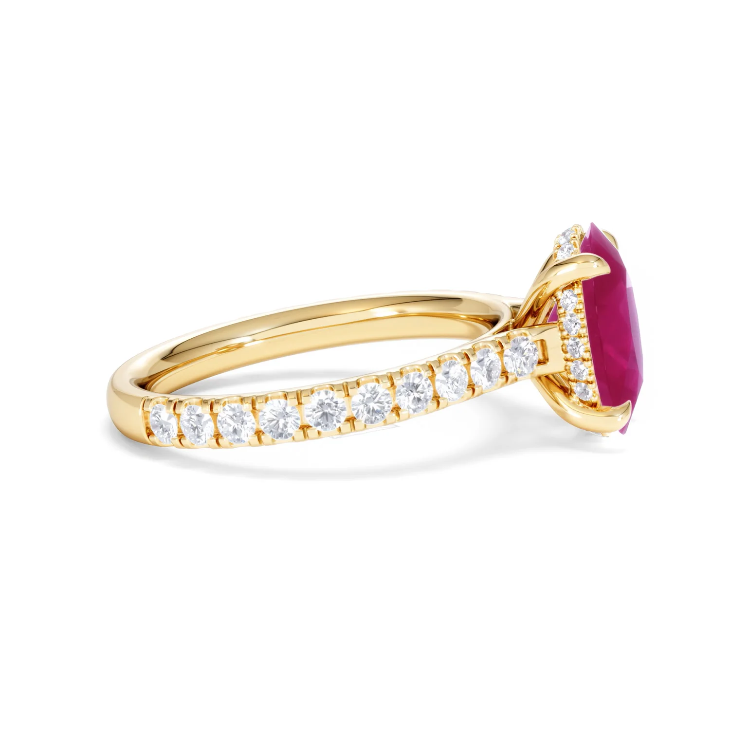 Amora 2.00ct Oval Cut Lab Ruby Hidden Halo Engagement with Side Stones Ring in 18K Yellow Gold - Image 27