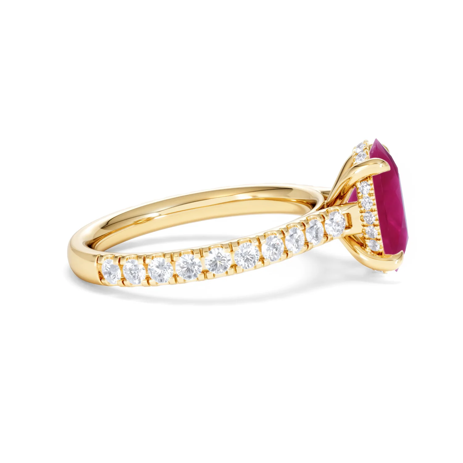 Amora 2.00ct Oval Cut Lab Ruby Hidden Halo Engagement with Side Stones Ring in 18K Yellow Gold - Image 28