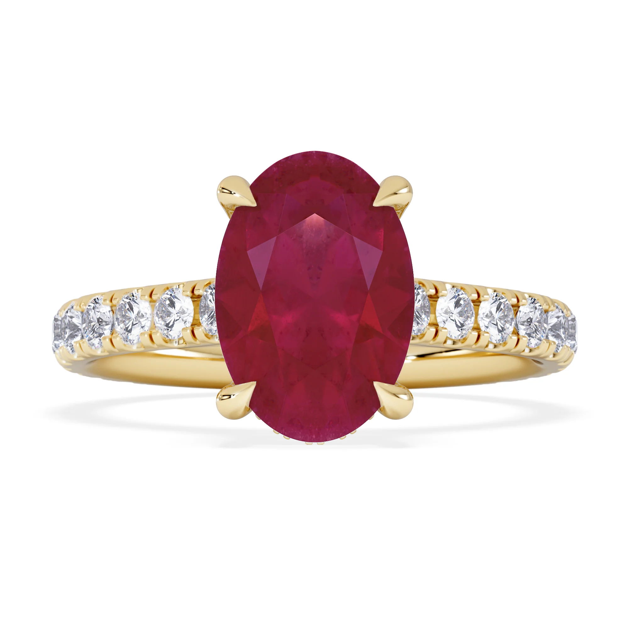 Amora 2.00ct Oval Cut Lab Ruby Hidden Halo Engagement with Side Stones Ring in 18K Yellow Gold - Image 7