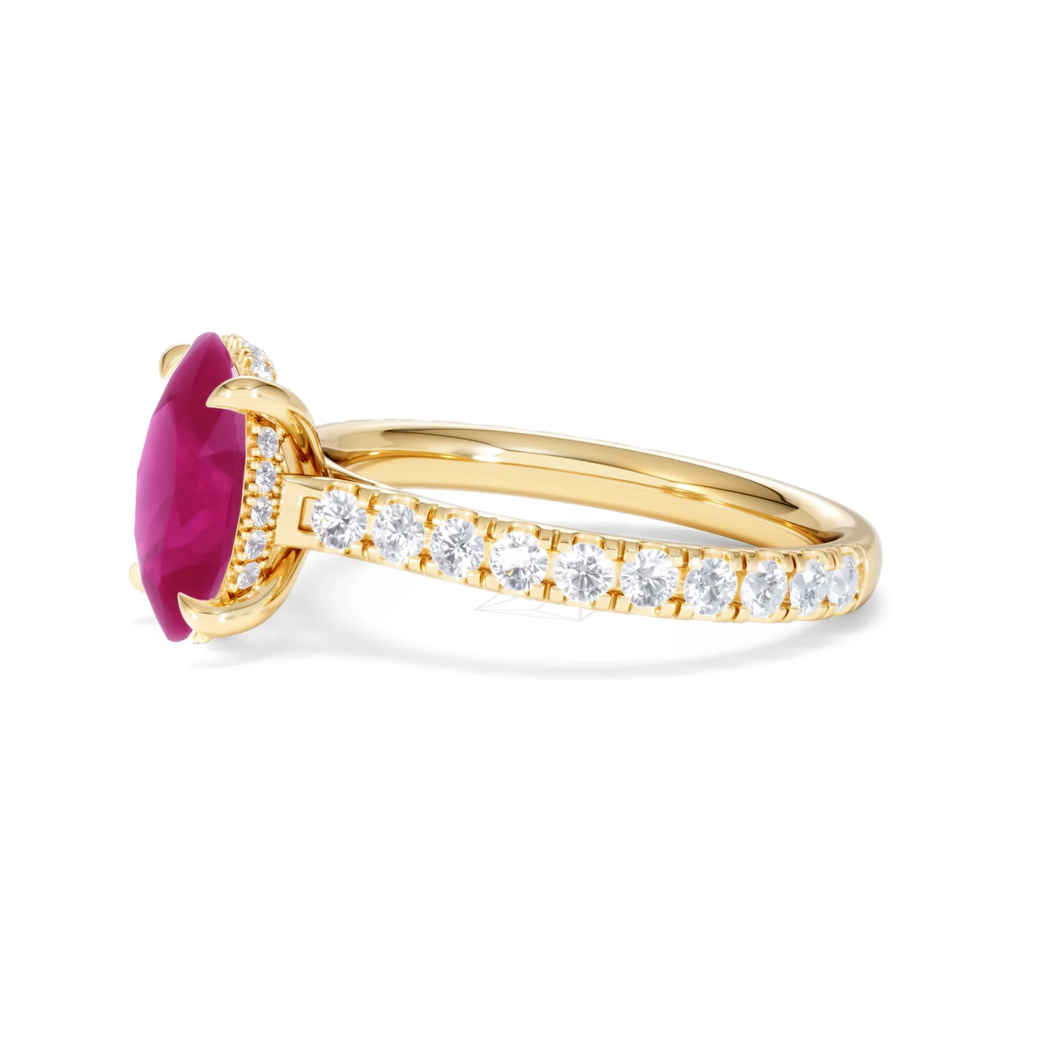 Amora 2.00ct Oval Cut Lab Ruby Hidden Halo Engagement with Side Stones Ring in 18K Yellow Gold - Image 74